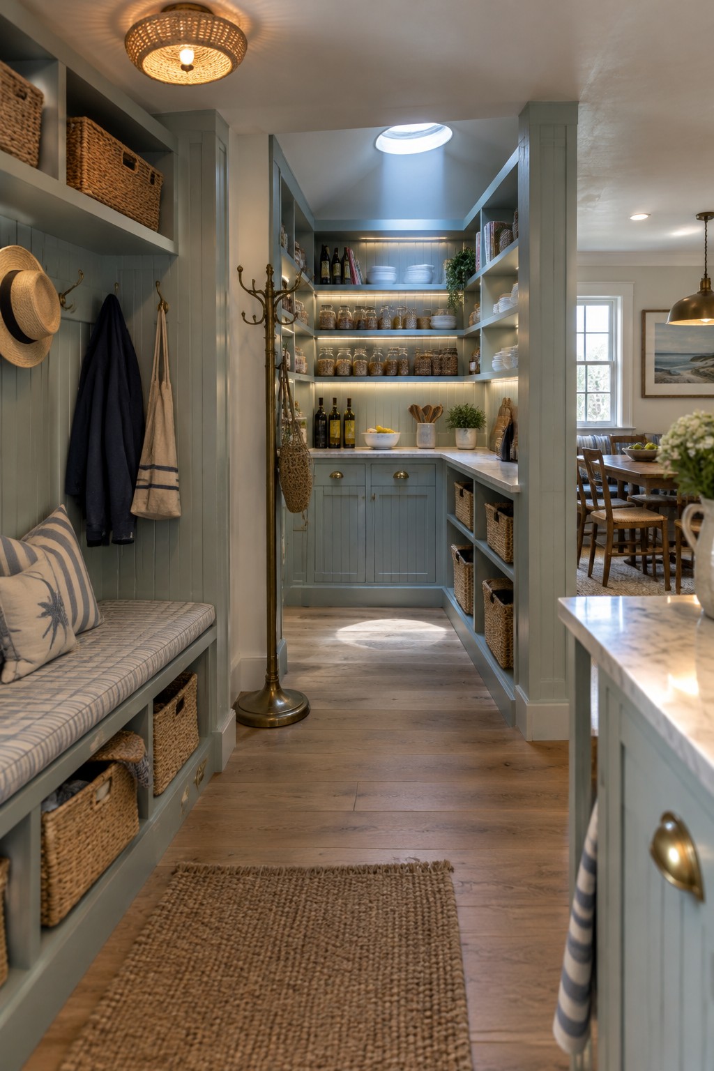 A narrow interior hallway lined with light blue built-in cabinets and open shelves lit by LED strips, with a coat area on the left and a view into a dining room on the right.