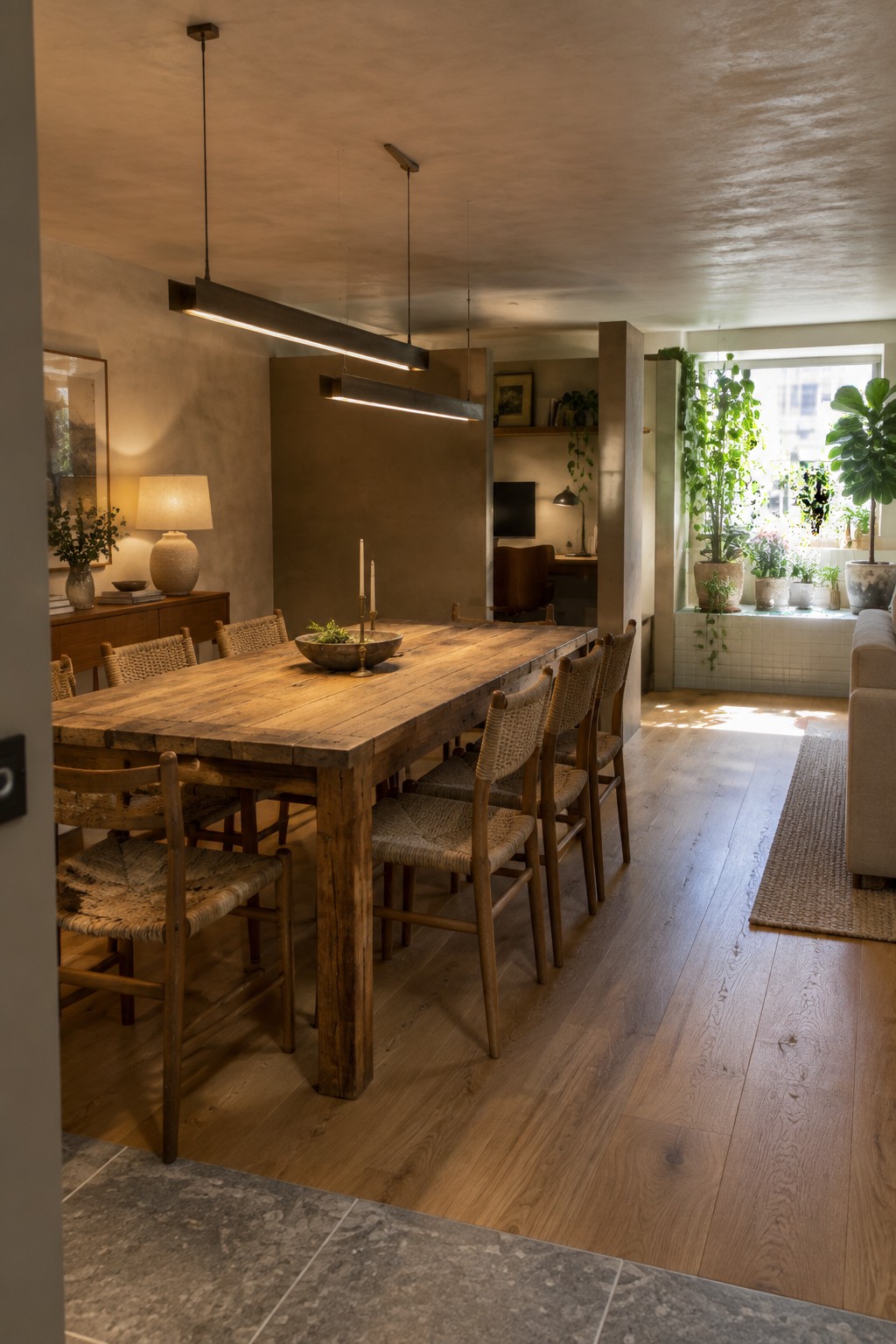 A long wooden dining table with woven chairs is lit by two linear pendant lights in an open room with a living area and window plants visible beyond.