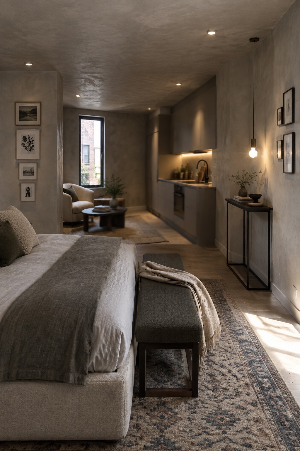 Modern minimalist bedroom with beige bed, gray bench, patterned rug, and kitchenette