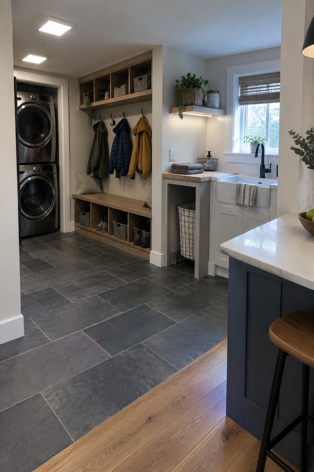 A combined laundry and utility room with stacked washer and dryer on the left, a wooden bench with coat hooks and cubbies in the center, and a white farmhouse sink under a window on the right, all lit by square recessed ceiling lights.