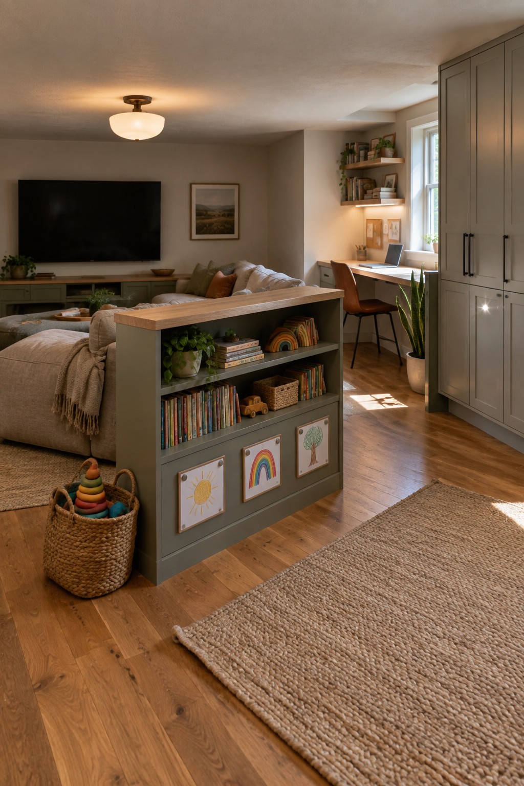 Cozy living room with sage green bookshelf, children's books, toys, and desk nook