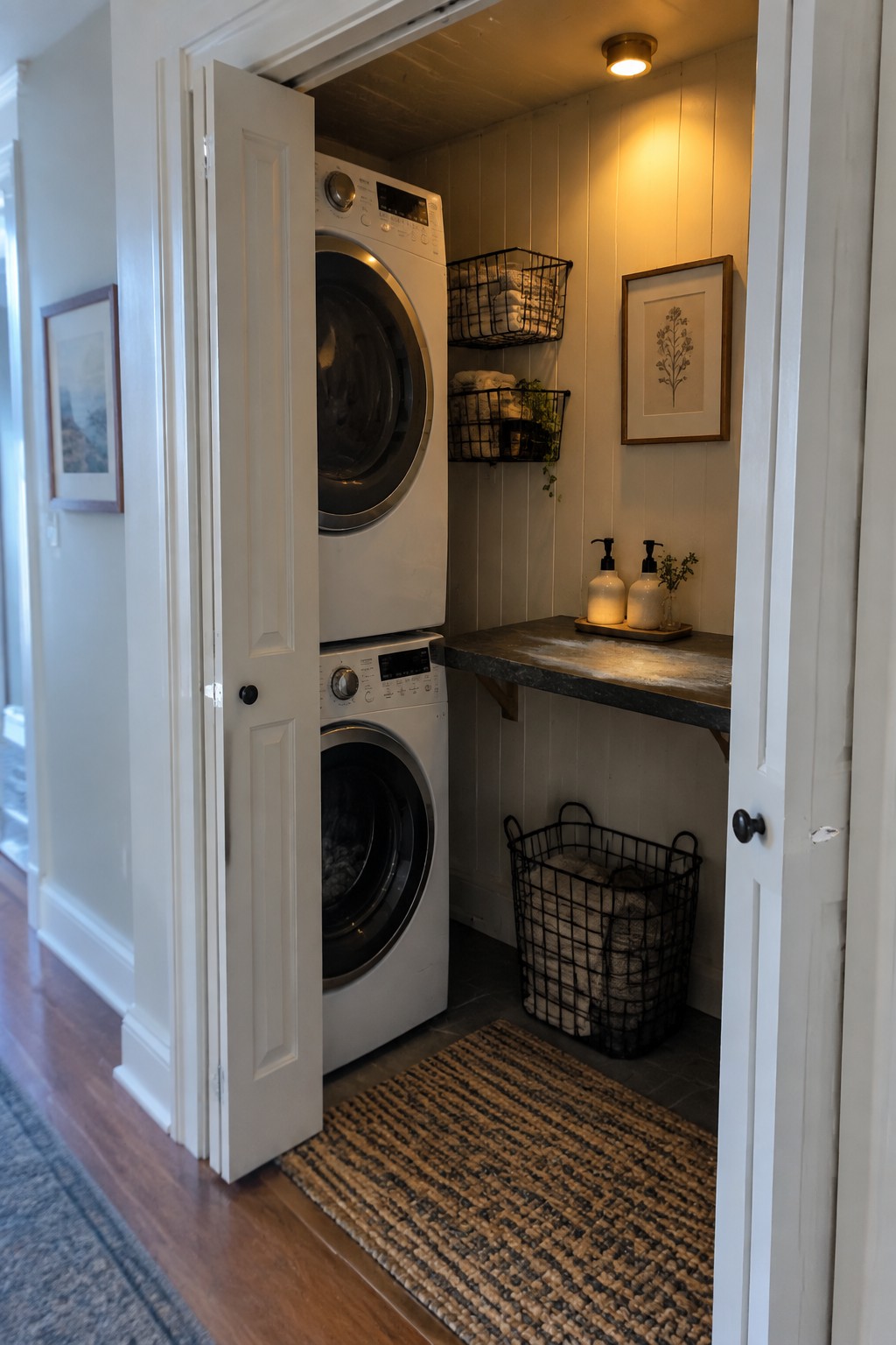 A laundry room viewed through open white doors shows stacked washer and dryer units, black wire baskets, a wood countertop, and a round ceiling light fixture.