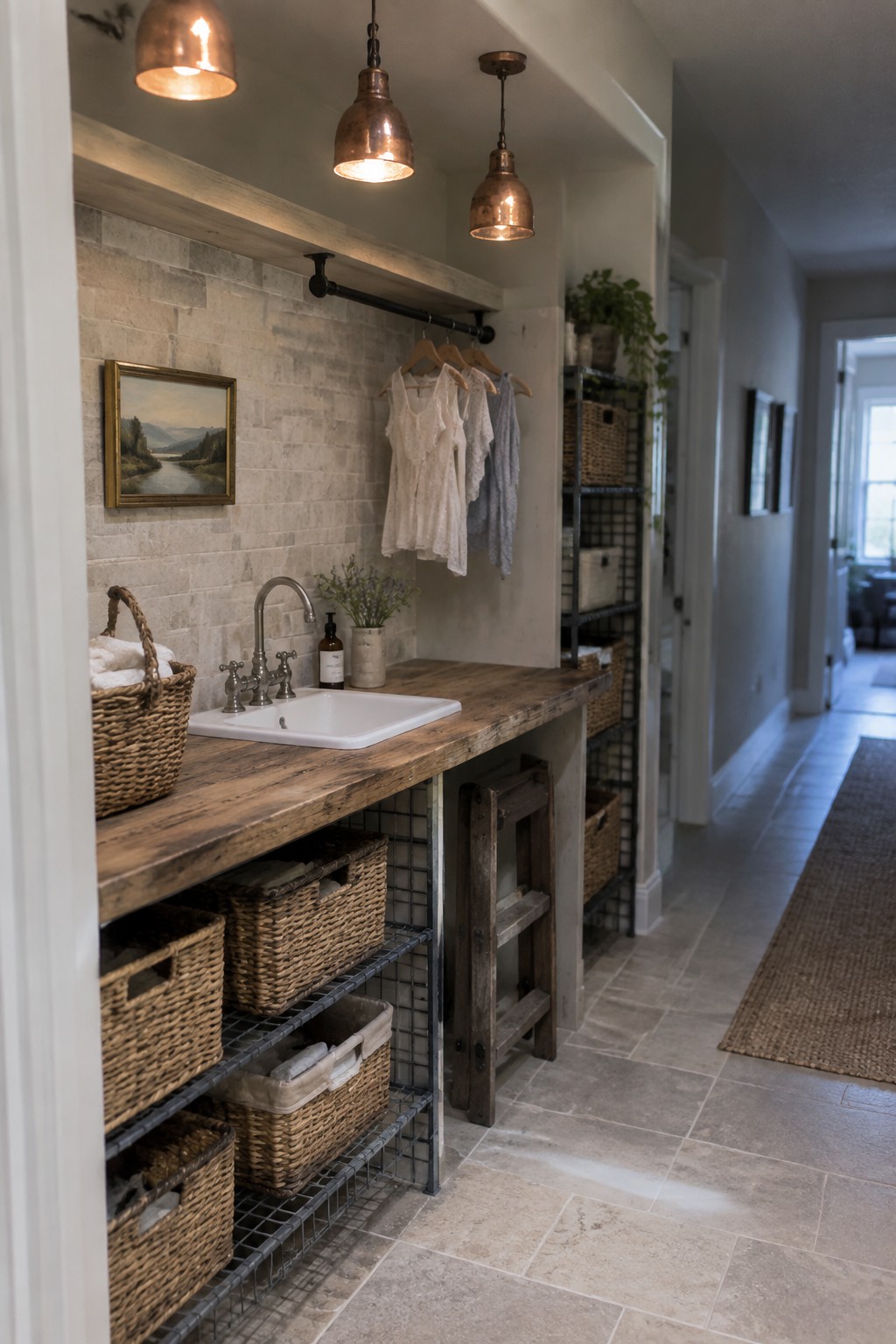 A rustic laundry room with a reclaimed wood countertop, white sink, wire shelving holding wicker baskets, hanging garments on a black rod, and three aged copper pendant lights overhead.