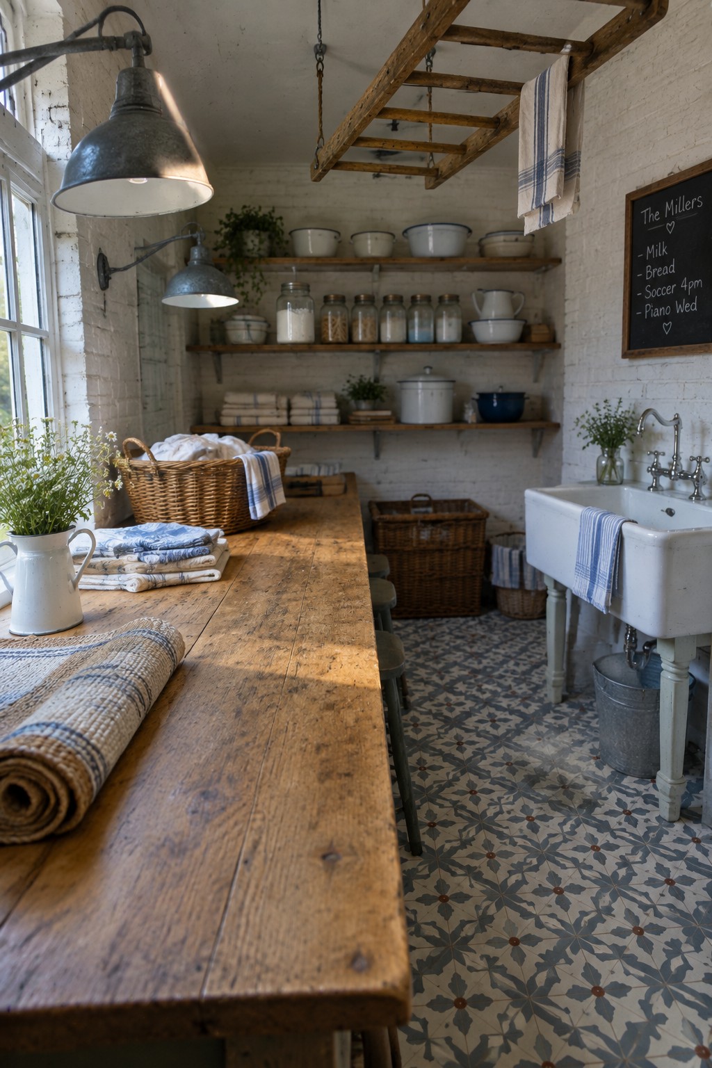 A rustic laundry room featuring a long wooden work table, white farmhouse sink, open shelving with jars and baskets, and two aged metal pendant lights suspended from the ceiling.