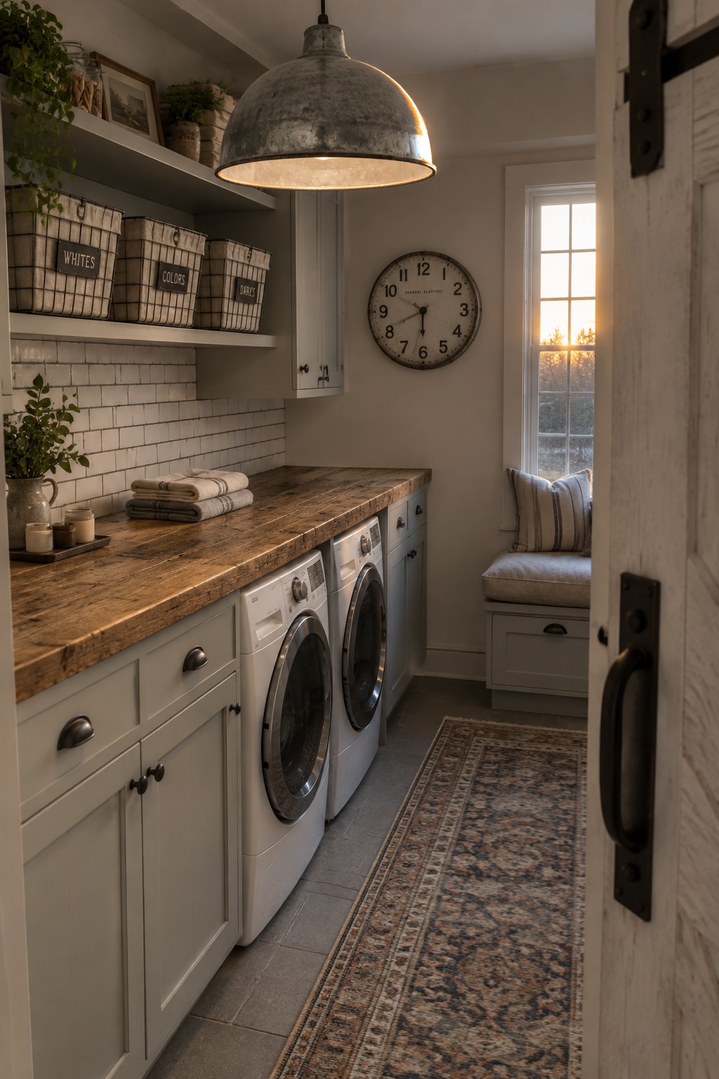 A rustic laundry room with a large aged metal dome pendant light above a wooden countertop, white cabinets, two front-loading washing machines, and labeled wire storage baskets on open shelves.