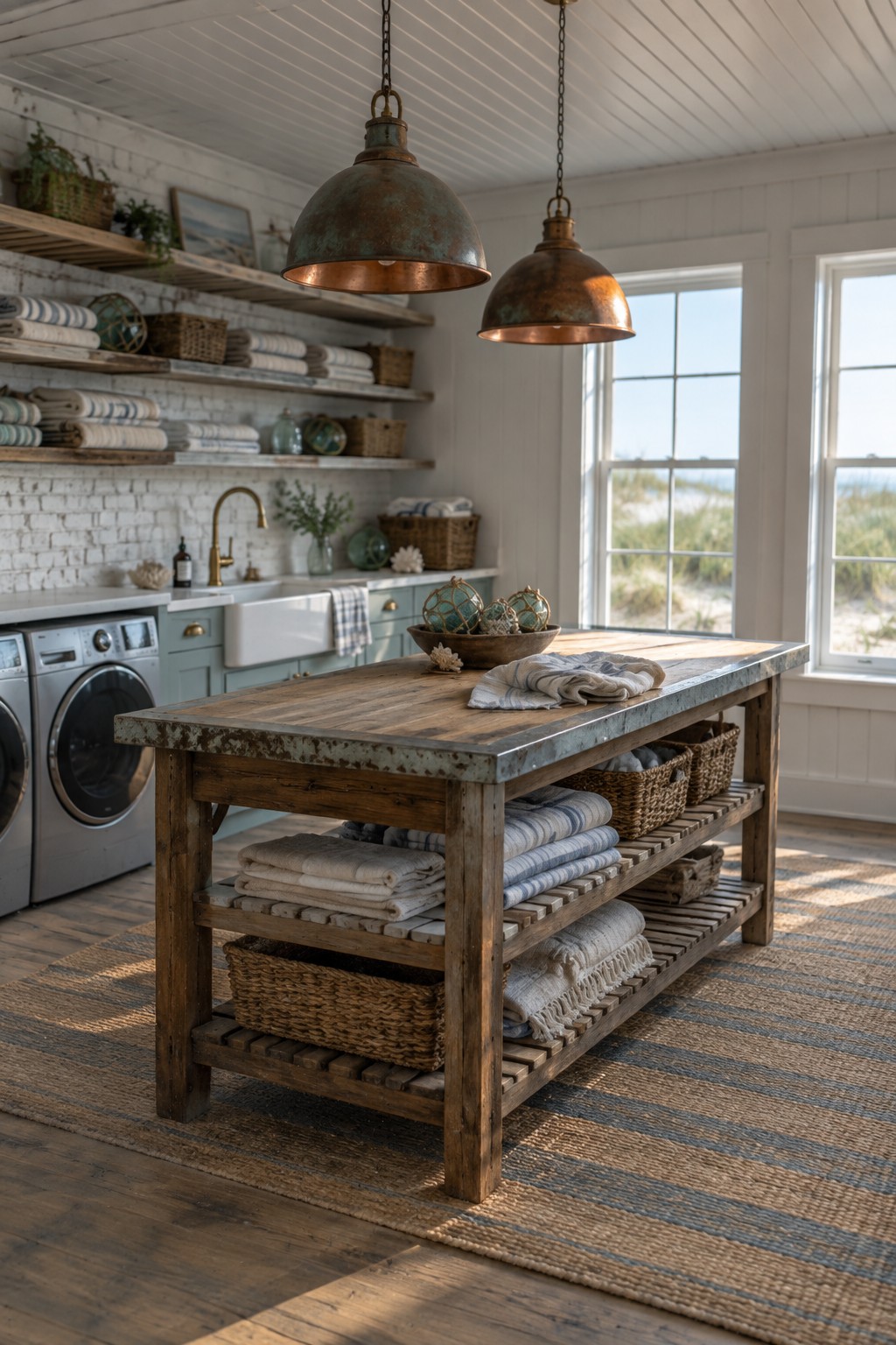 Two large aged copper pendant lights hang above a rustic wooden island in a bright laundry room with white brick walls, open shelving, and a farmhouse sink.