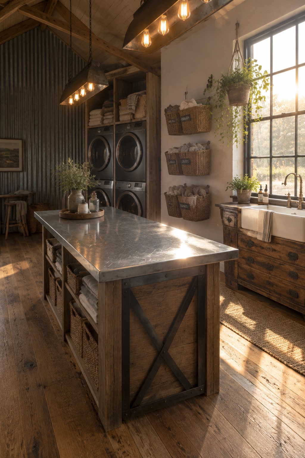 A rustic laundry room with a large wooden island topped with metal, black front-loading washers and dryers built into open shelving, multiple aged metal pendant lights with exposed bulbs, woven storage baskets on the walls, and a white farmhouse sink beneath a large window.