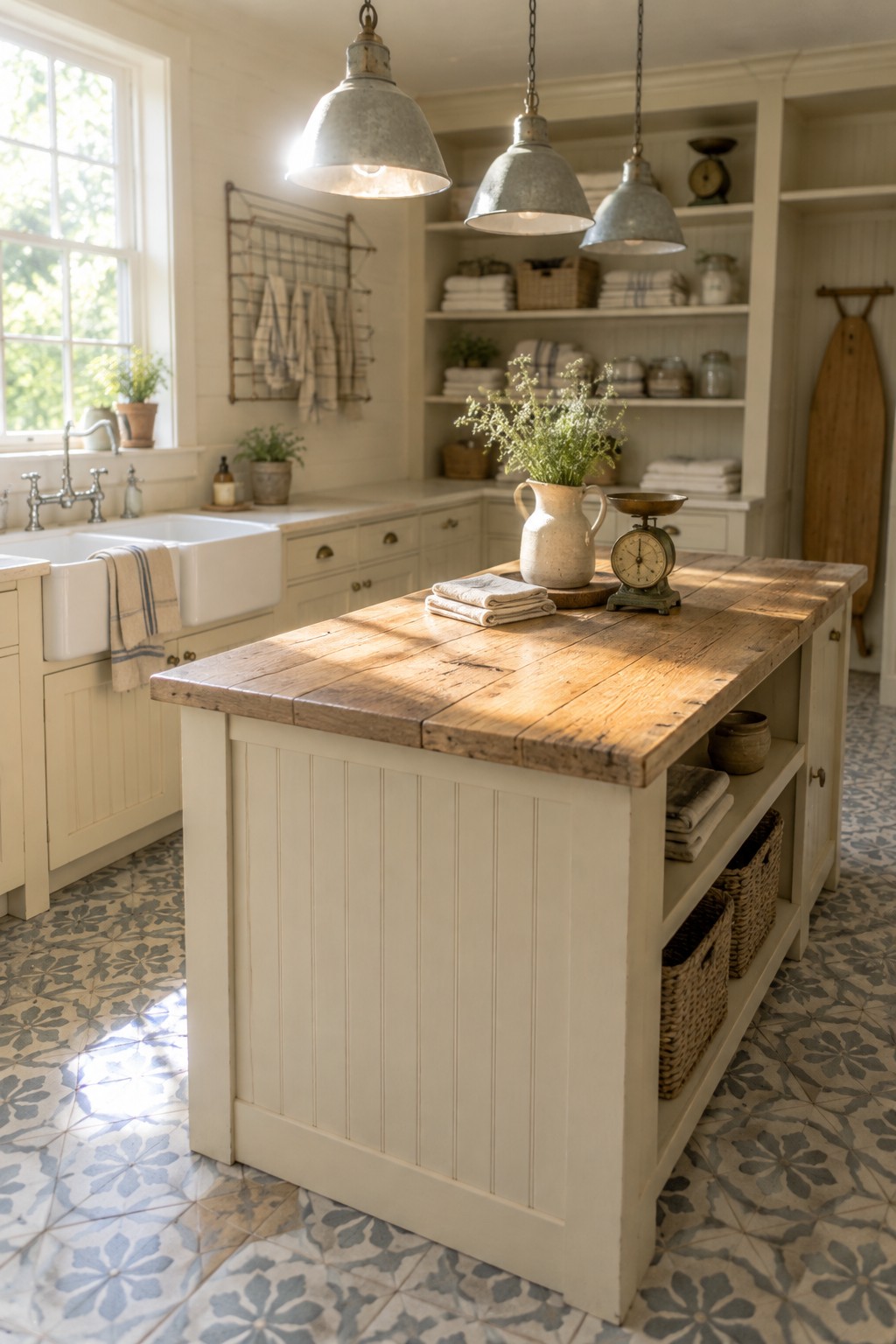 A laundry room with a white island topped in weathered wood, three aged metal pendant lights hanging above it on chains, and open shelving filled with towels and baskets in the background.