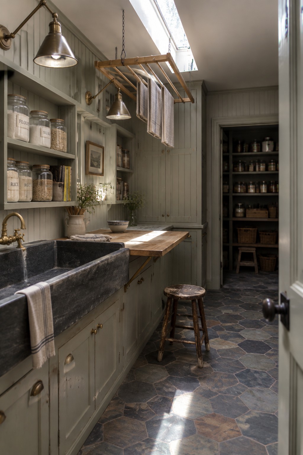 A rustic laundry room featuring gray paneled walls, a dark stone sink with brass faucet, wooden countertop, open shelves with glass jars, and multiple aged metal wall sconces and a hanging pendant light.