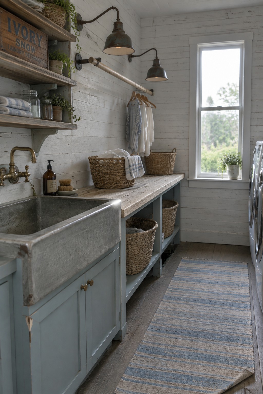 A rustic laundry room interior showing a concrete sink, wooden countertop, blue cabinets, woven baskets, and two aged metal wall-mounted light fixtures above the workspace.