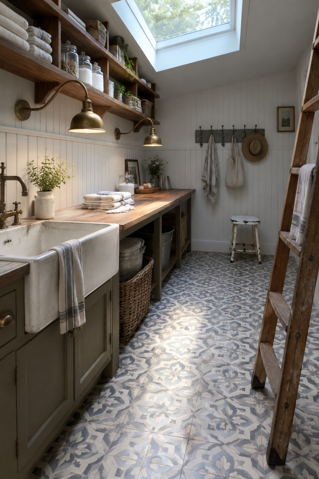 A rustic laundry room interior with a white farmhouse sink, wooden countertop and open shelves, two aged brass wall lamps, patterned floor tiles, and a wooden ladder on the right.