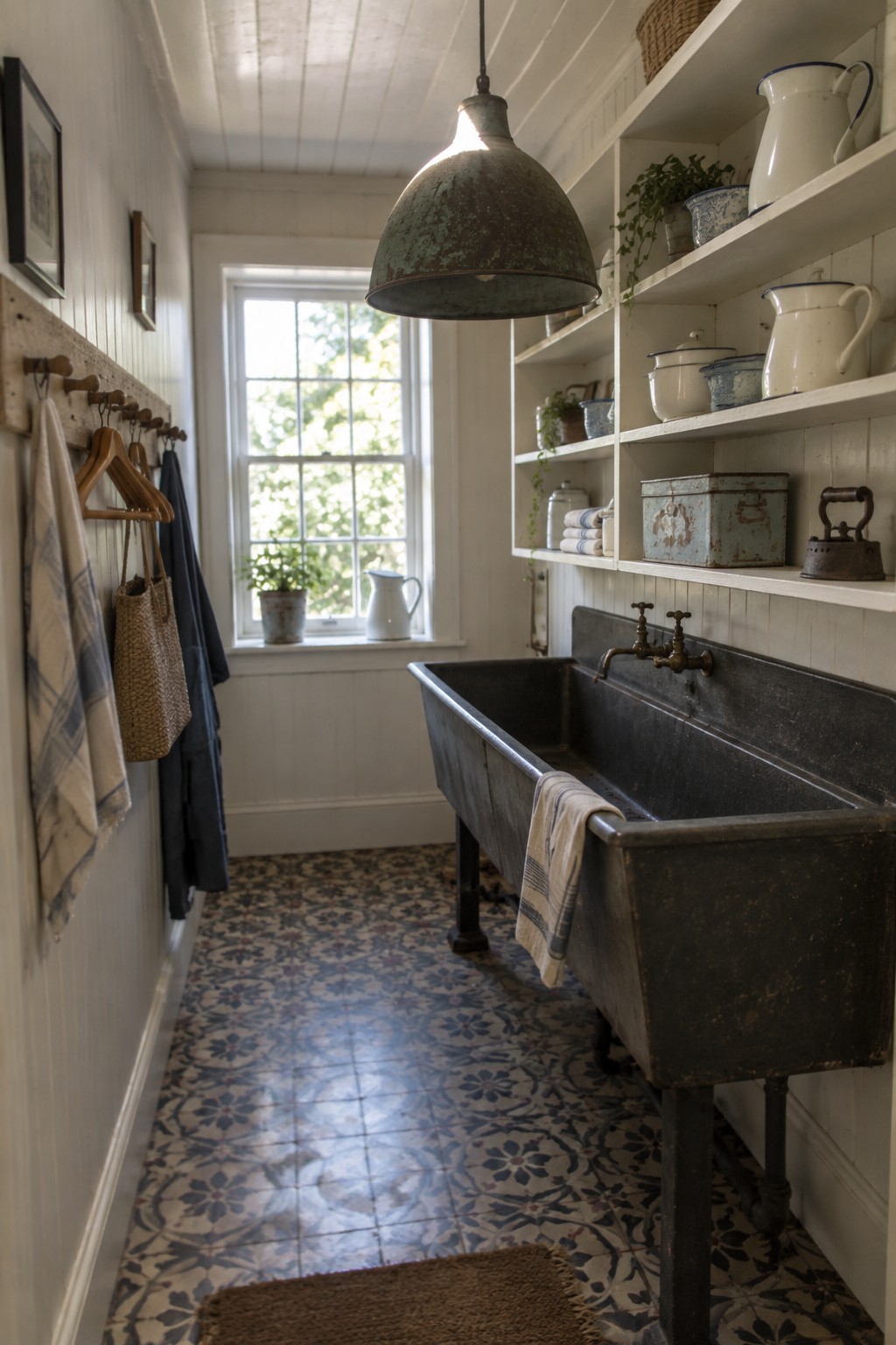 A rustic laundry room with a large dark metal utility sink, an aged green metal pendant light hanging above it, open white shelves with enamelware, and patterned tile flooring.