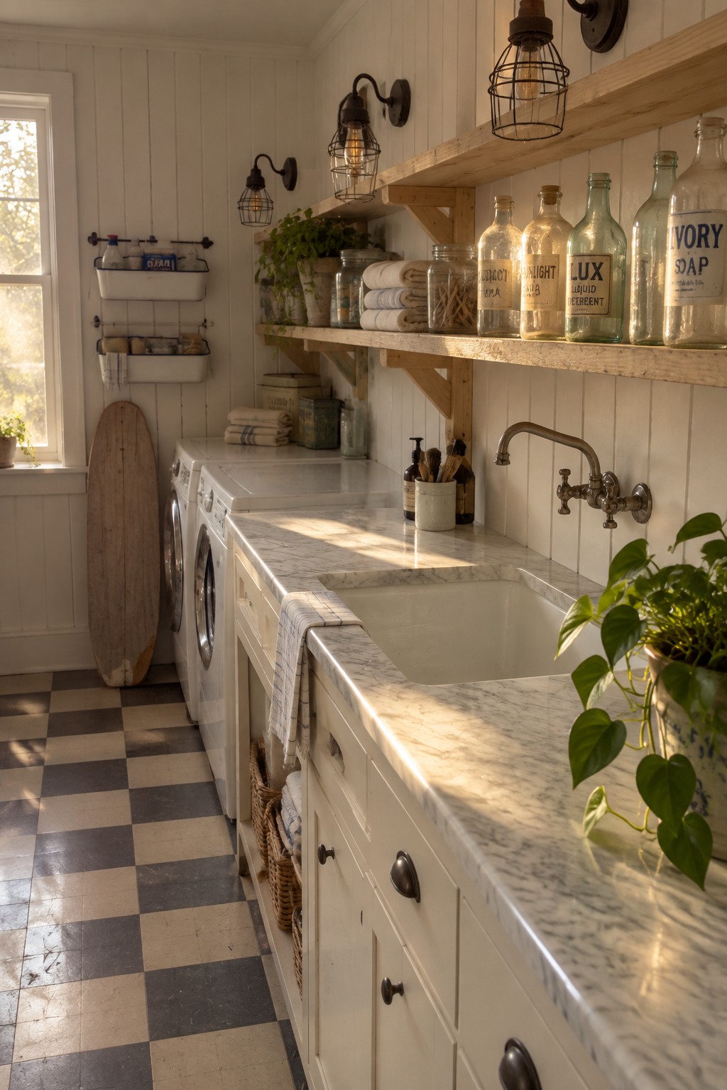 A laundry room with white beadboard walls, marble countertops, a farmhouse sink, two front-loading washers, wooden open shelves holding glass bottles, and multiple aged metal cage wall sconces.