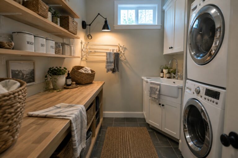 A narrow laundry room with wooden countertops, white cabinets and sink, woven baskets on open shelves, and a black wall-mounted lamp above the sink area.