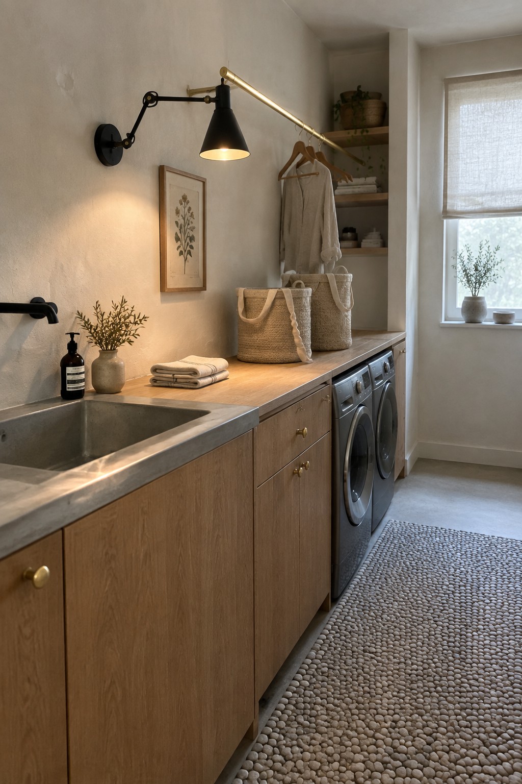 A compact laundry room with wood cabinets, a concrete sink, stacked towels, and an adjustable black and brass wall mounted lamp above the counter.