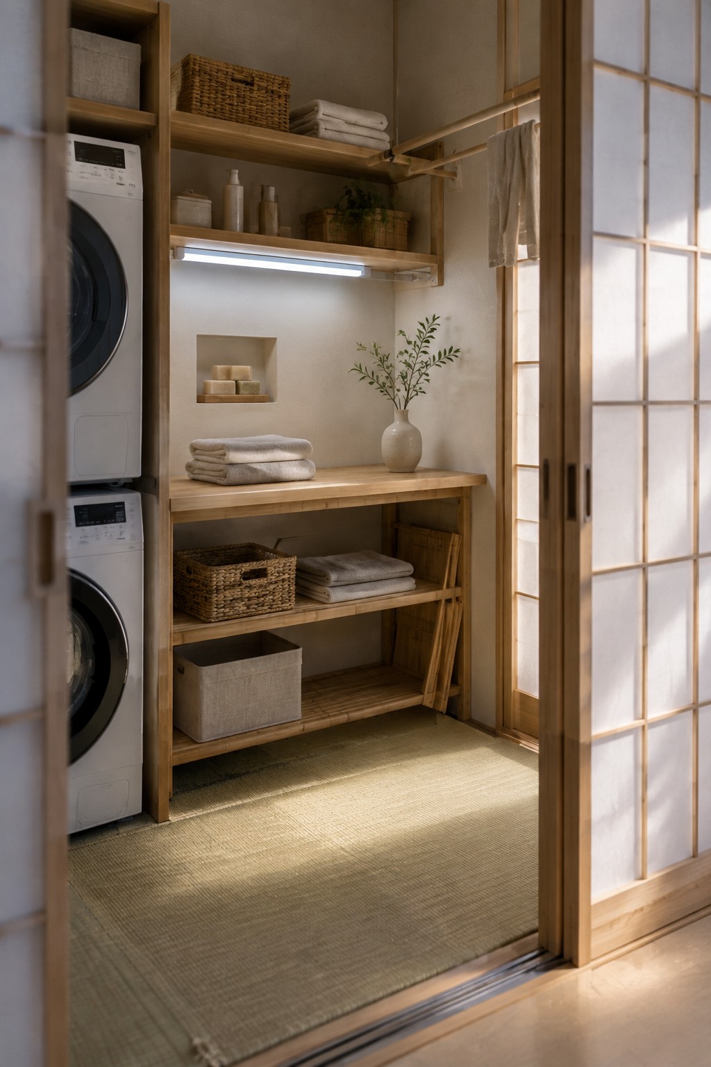 A compact laundry room with stacked white washing machines on the left, wooden open shelves holding baskets and towels, a glowing linear LED light mounted under the middle shelf, and a wooden counter with folded linens and a ceramic vase.