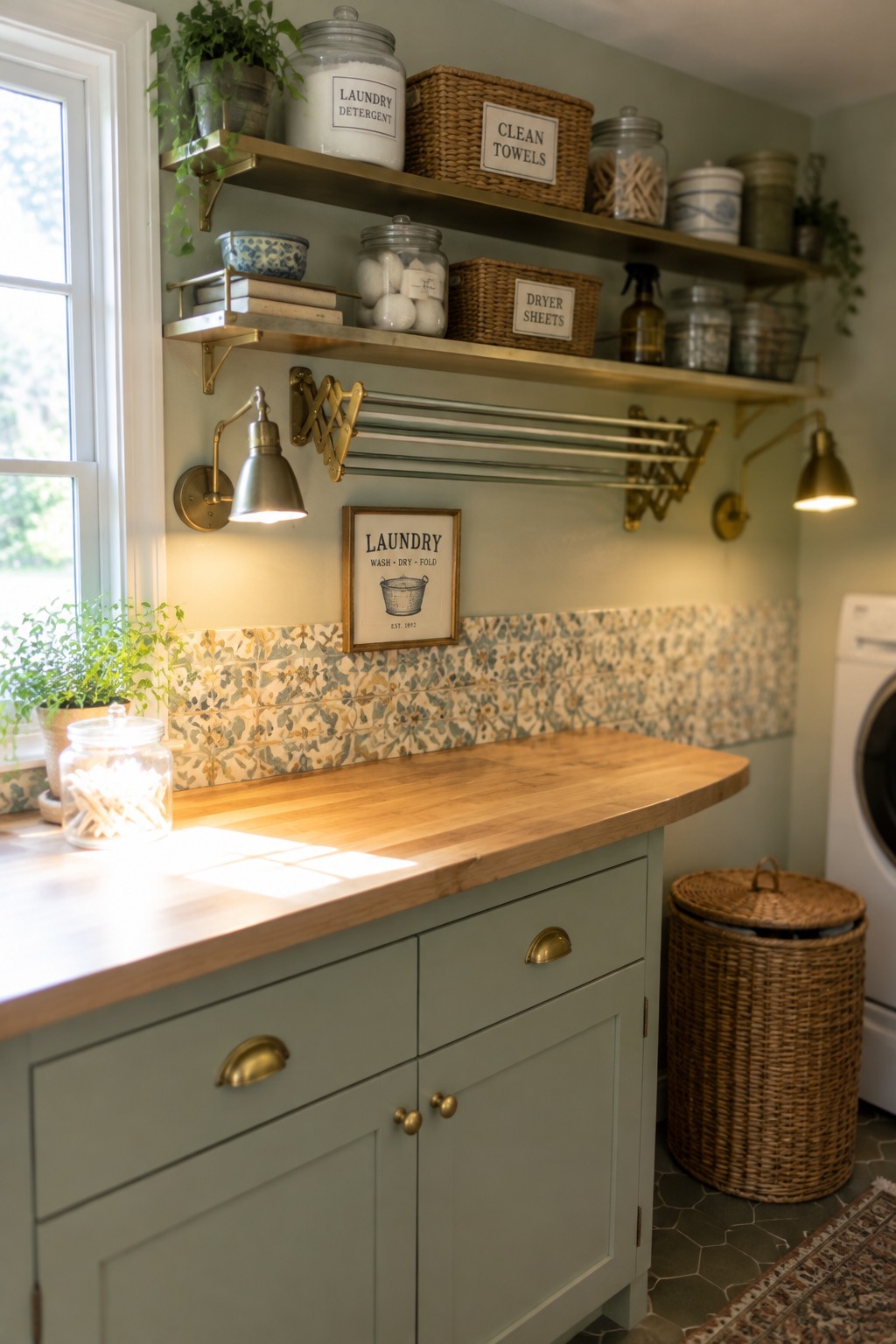A small laundry room with sage green cabinets, a wooden countertop, patterned tile backsplash, brass wall sconces, and open shelving holding baskets and jars.