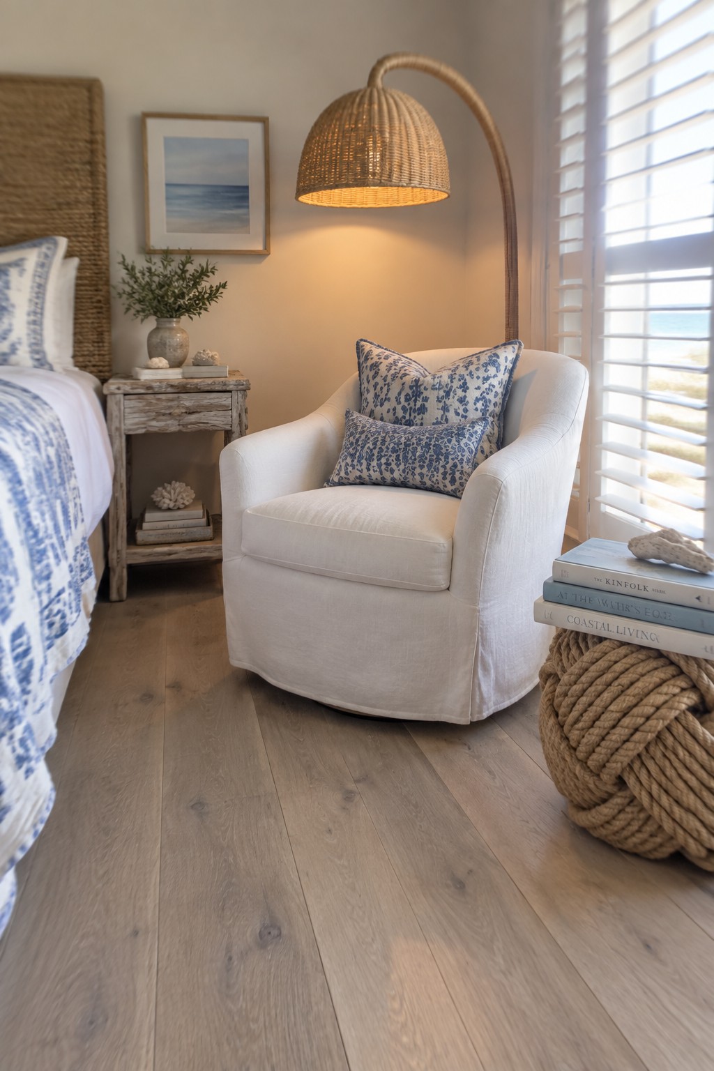 A white swivel chair with blue patterned pillows sits under an arched floor lamp with a woven rattan shade in a bedroom corner beside a window with shutters.