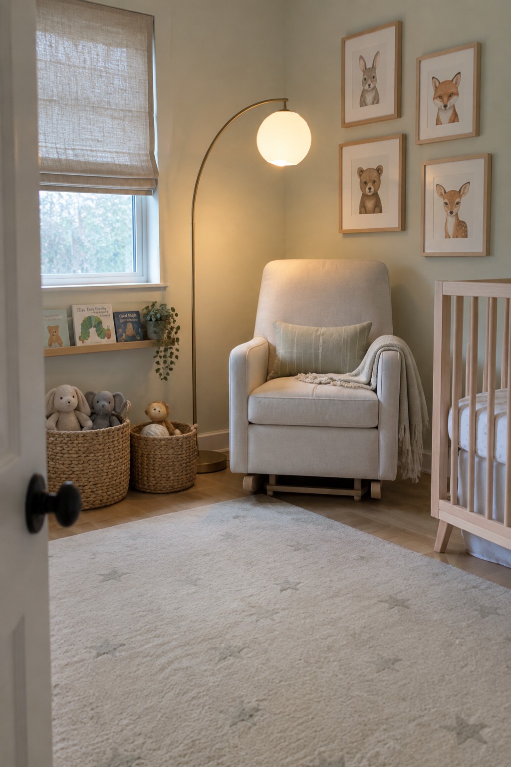 A nursery corner featuring a light beige glider chair with a floor lamp arched over it, a star-patterned rug, woven baskets with toys, and a wooden crib on the right.