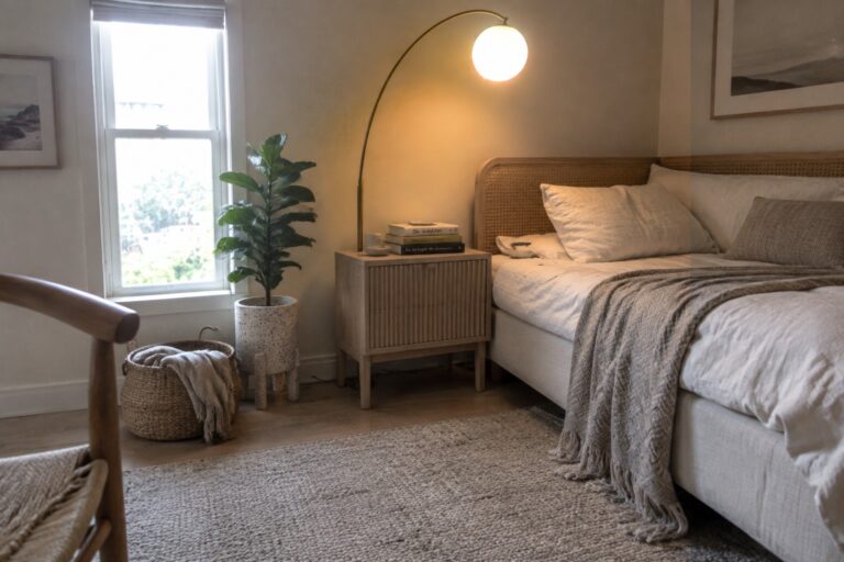 A bedroom corner with a bed, wooden nightstand holding stacked books, potted plant, woven basket, and an arched floor lamp casting warm light.