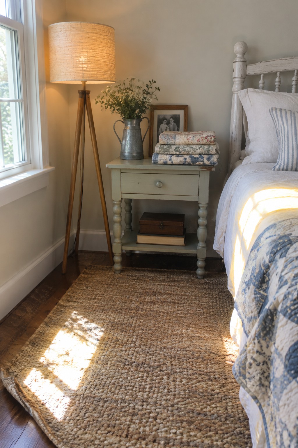 A bedroom corner with a wooden tripod floor lamp next to a light green nightstand, a bed with white and blue bedding, and sunlight on a woven rug.