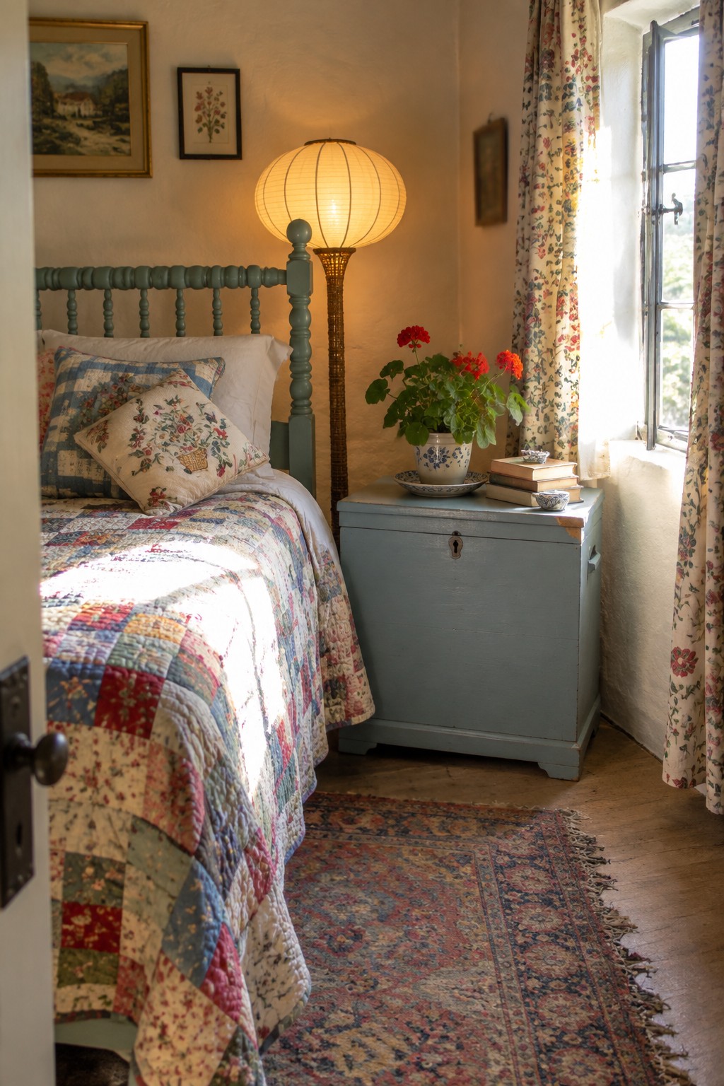 A bedroom corner with a patchwork quilt on the bed, a lit floor lamp with a round paper shade, a blue wooden chest, and floral curtains beside an open window.