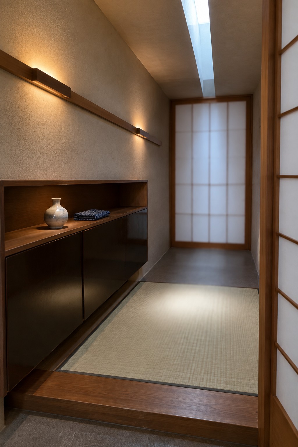A narrow Japanese-style entryway with a tatami mat on a raised wooden floor, a built-in dark wood cabinet holding a ceramic vase, and two long horizontal wall-mounted light fixtures on a textured wall beside a shoji screen.