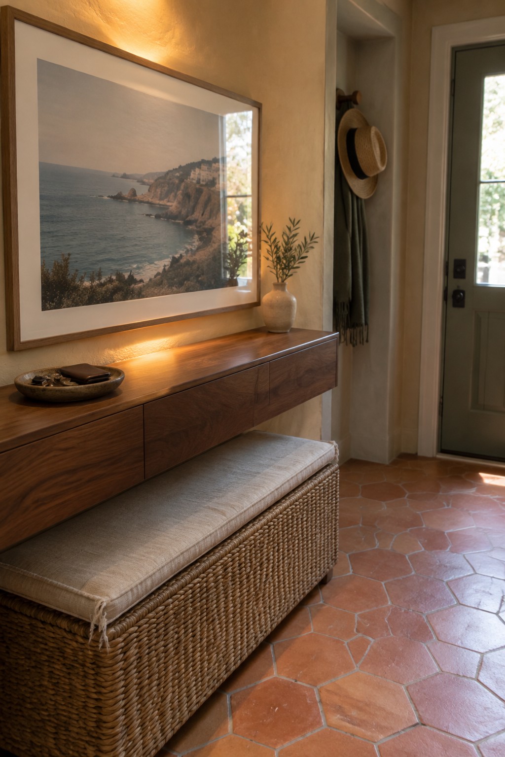 A wooden floating console with a cushioned wicker bench beneath it, a large framed coastal photograph mounted on the wall above, and warm light illuminating the artwork and console surface.