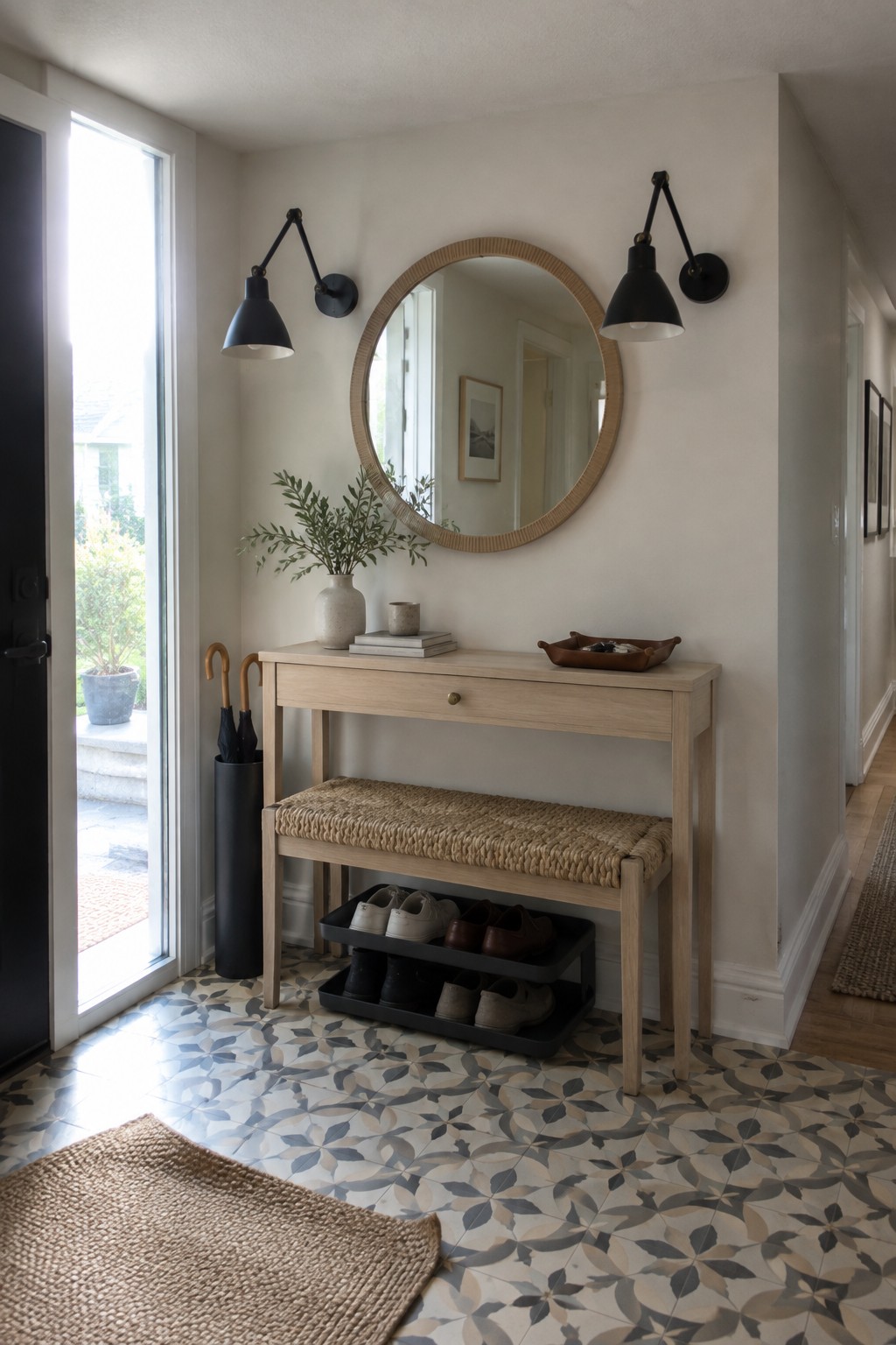 An entryway with a round mirror centered between two black wall sconces above a light wood console table and woven bench on patterned tile flooring.