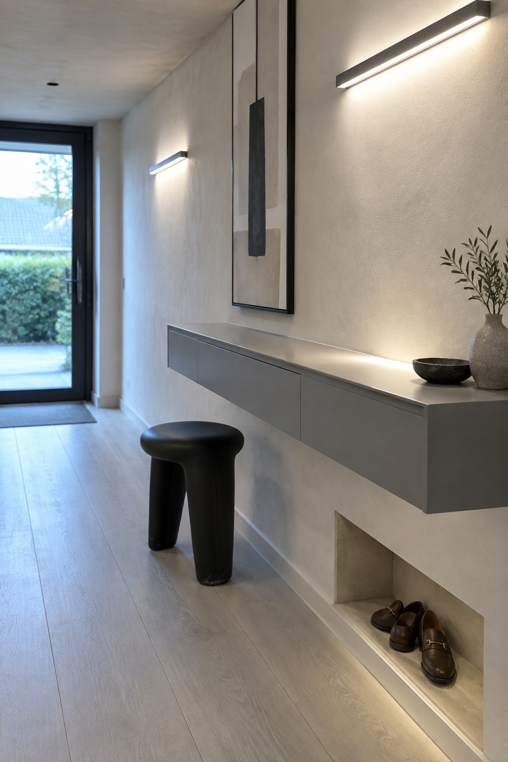 A narrow interior entry hallway with light wood flooring, a floating gray console, black stool, abstract wall art, and two wall-mounted linear light fixtures illuminating the space, plus a recessed niche holding brown loafers.