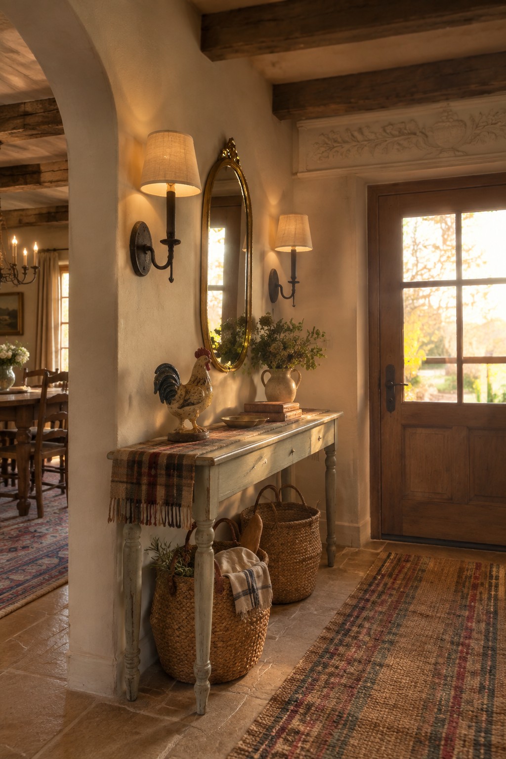 An entryway with a distressed console table beneath an oval mirror flanked by two wall-mounted sconces, woven baskets stored underneath, and a wooden door to the right.
