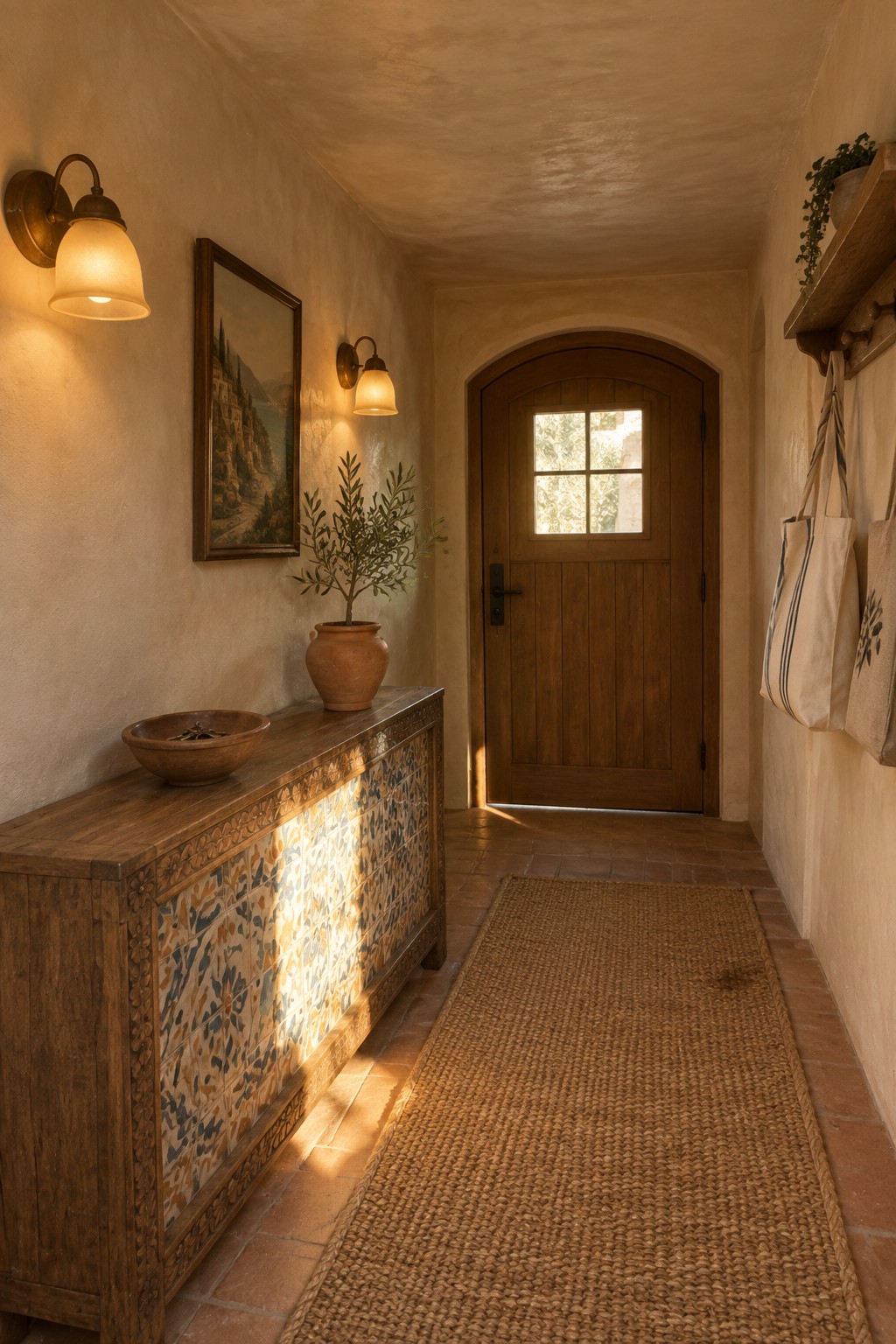 A narrow interior entry hallway with terracotta floor tiles, a wooden console table with colorful tile front, two brass wall sconces, a potted plant, and an arched wooden door at the far end.