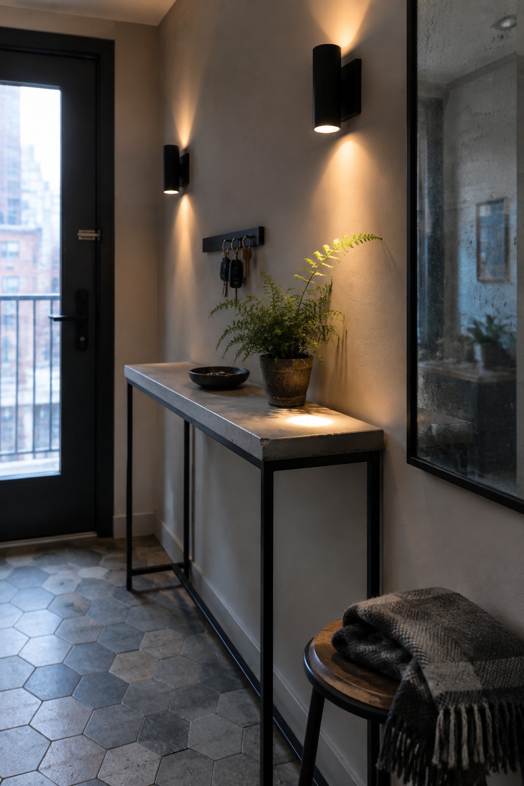 Narrow entry hallway with black wall sconces above a concrete console table holding a bowl and potted fern, next to a black door.