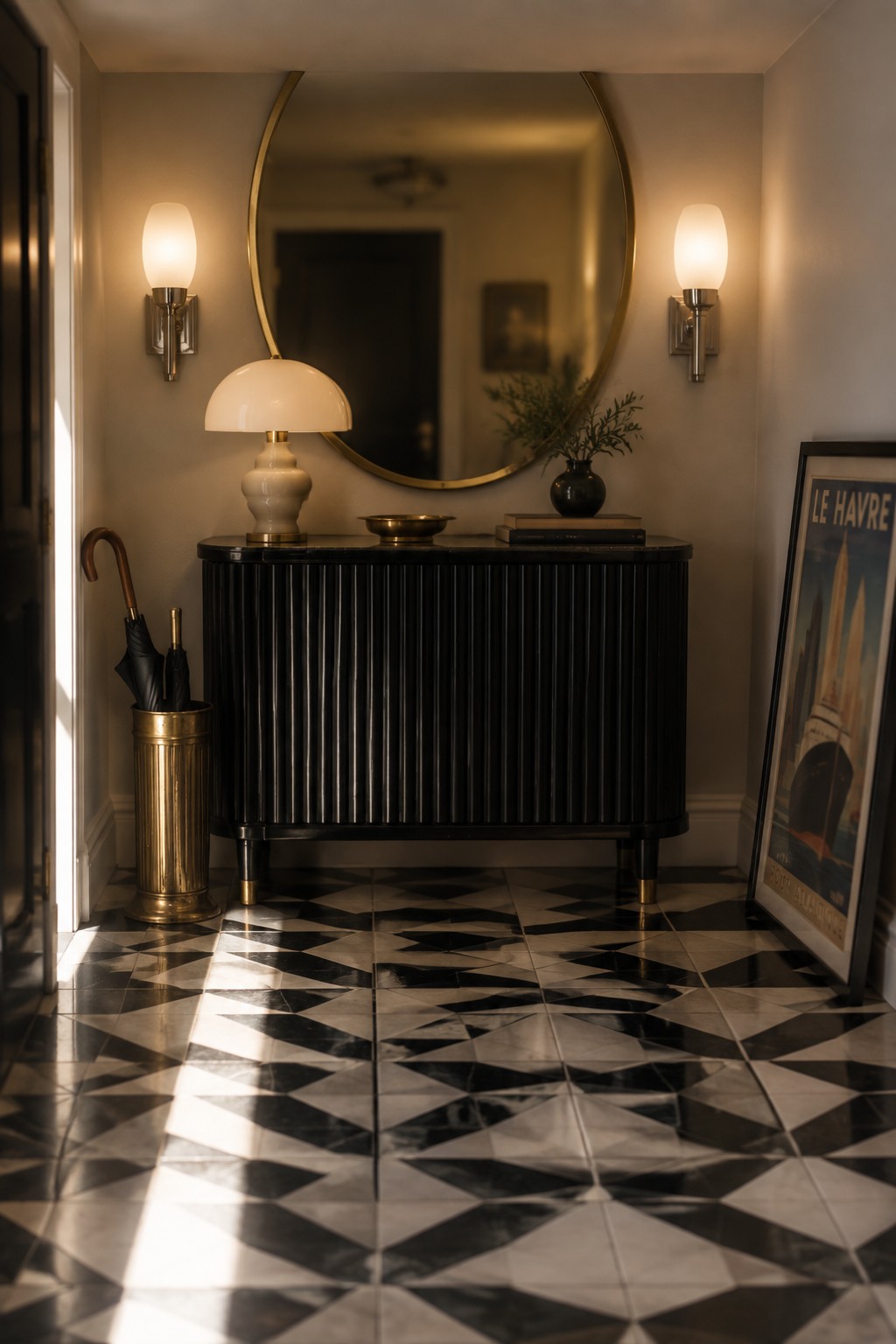 An entryway with a black fluted console table under a round gold-framed mirror, flanked by two illuminated wall sconces, with a table lamp, umbrella stand, and framed poster visible.