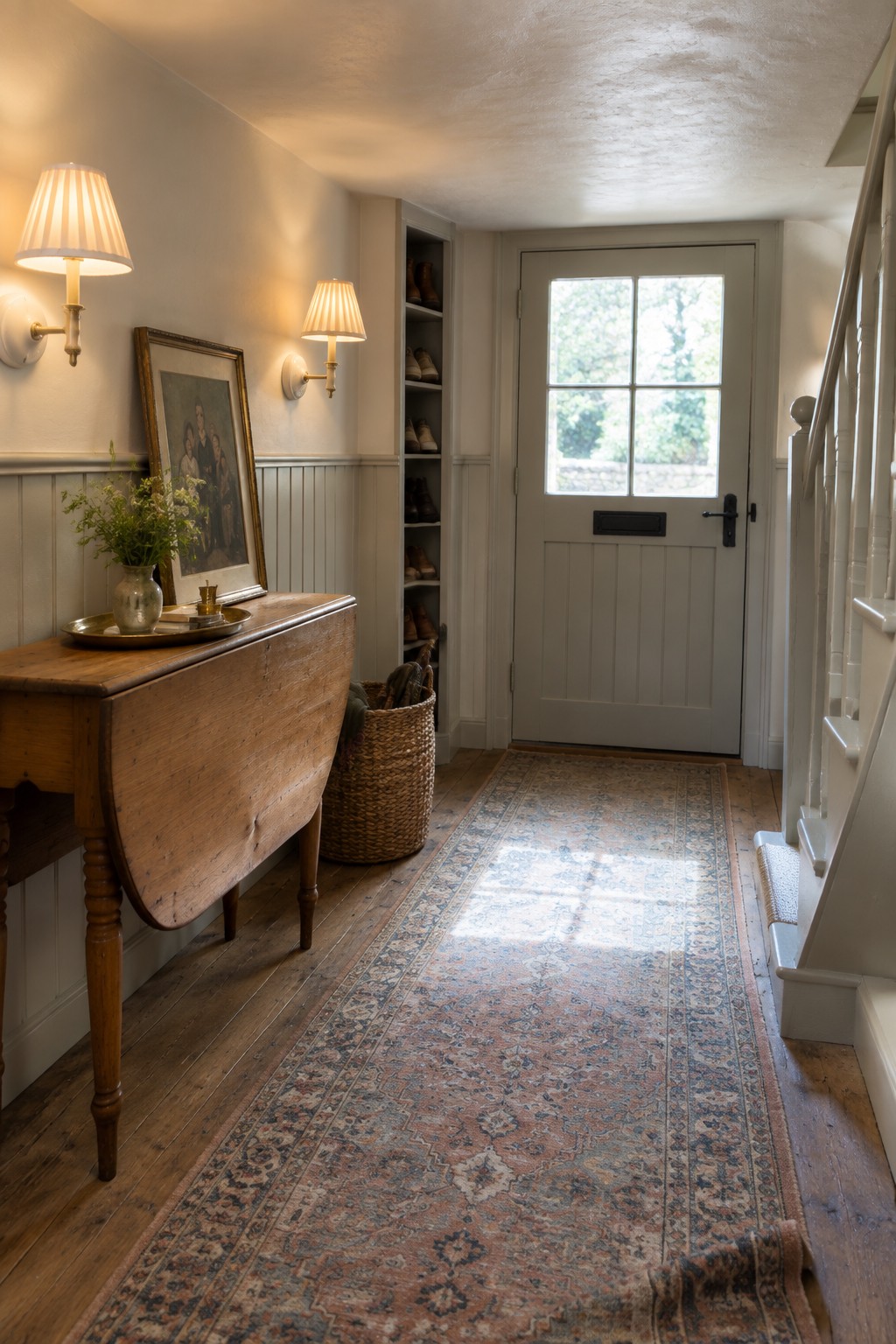 A narrow interior entry hallway with wood plank flooring, a long patterned runner rug, a wooden drop-leaf table on the left, two wall-mounted sconces with pleated shades, a woven basket, and a white paneled front door with glass panes.