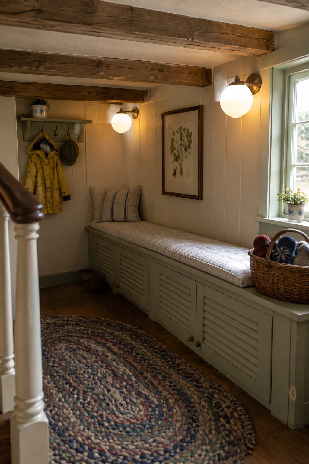 An interior entryway featuring a long built-in bench with striped cushion, two round wall sconces, a framed botanical print, and a window on the right.