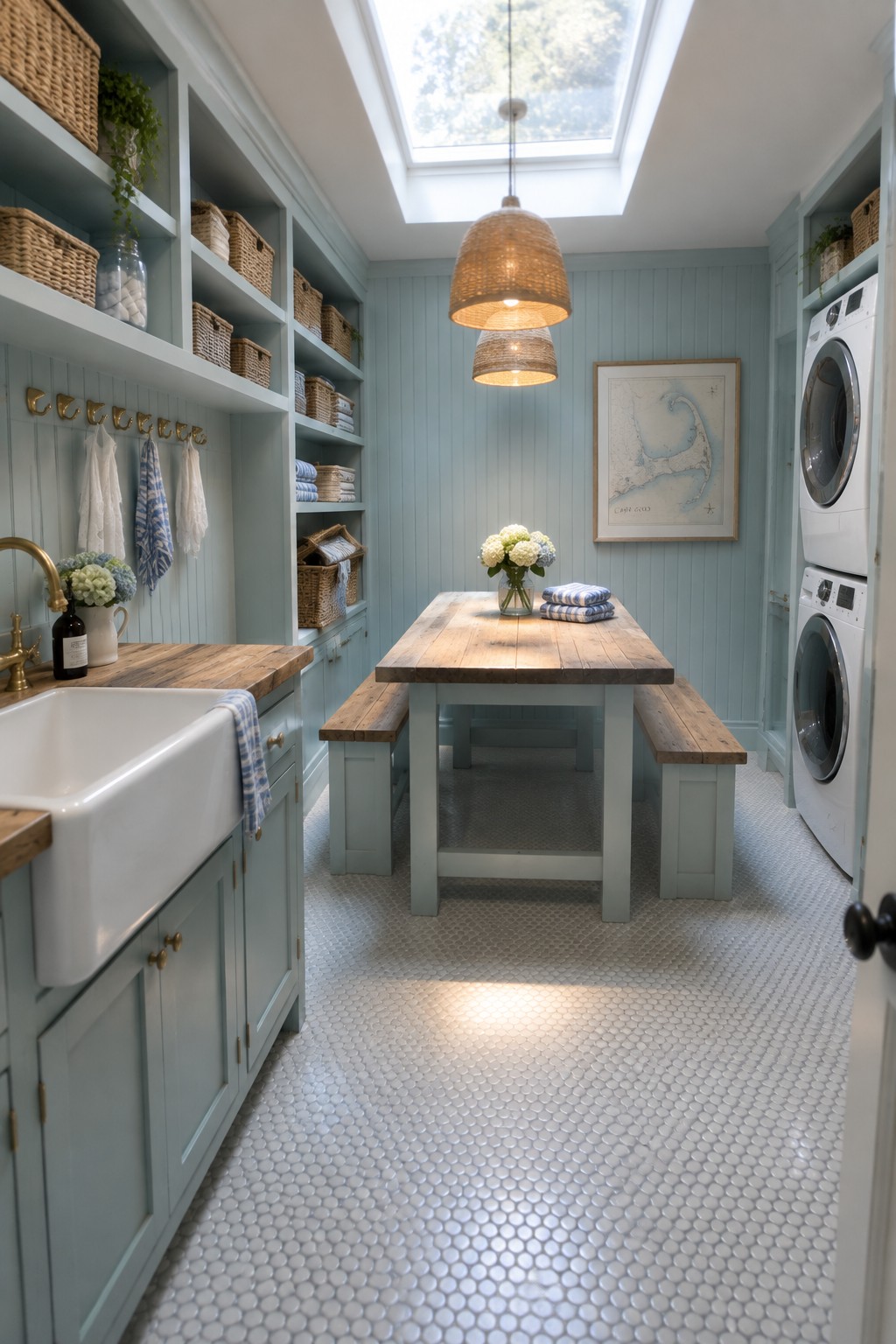 A long laundry room with light blue walls, open shelving, a wooden table with benches, a farmhouse sink, stacked washers, and a woven pendant light hanging beneath a skylight.