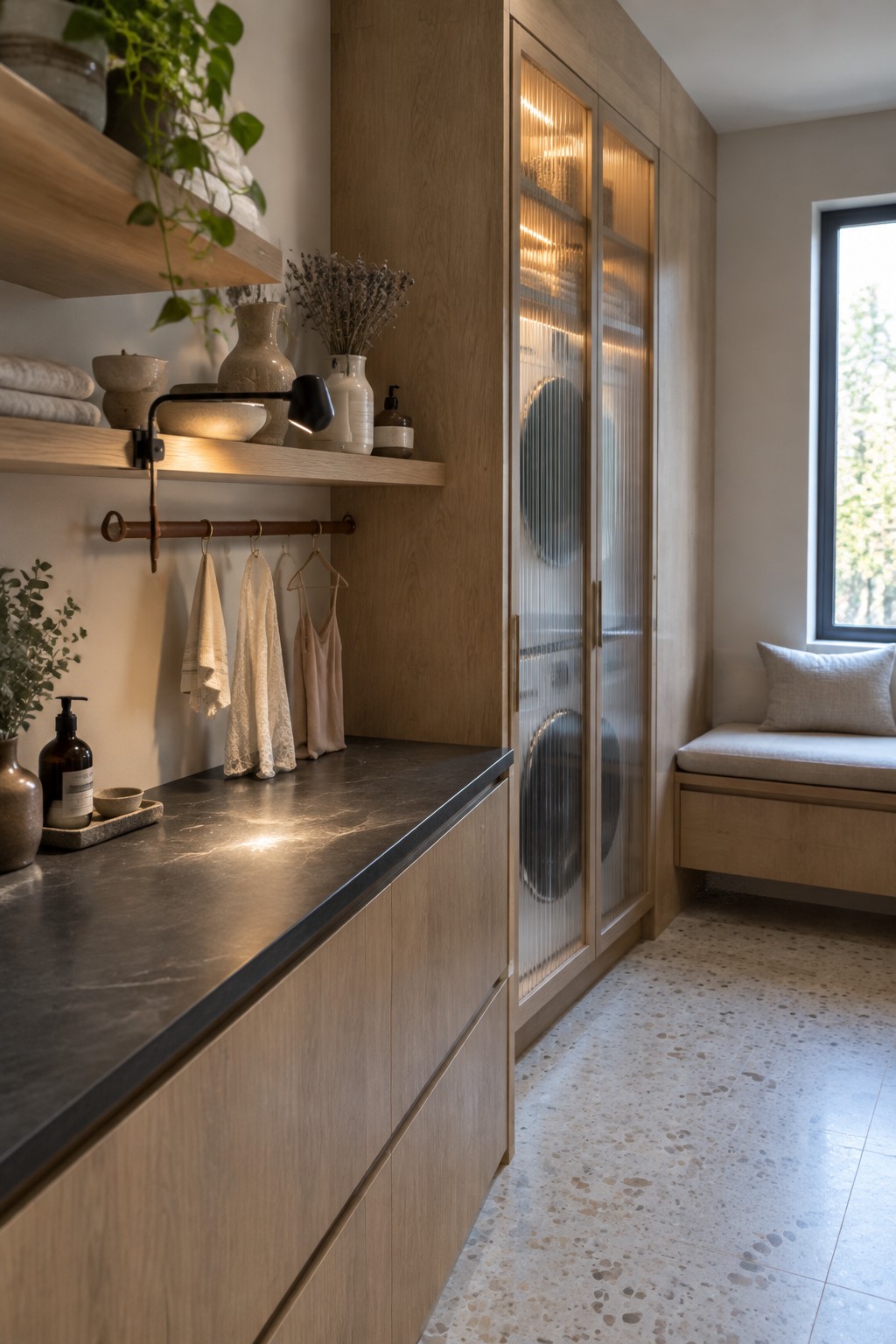 Modern laundry room with light wood cabinets, dark stone counter, hanging linens, and terrazzo floor