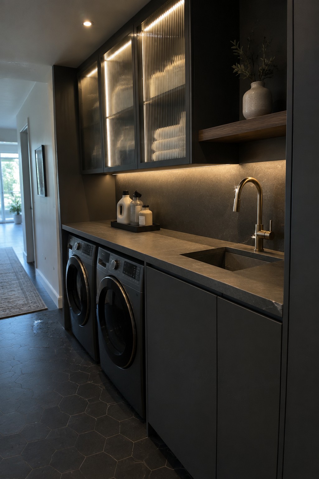 A dark modern laundry room featuring two front-loading washing machines, a stone countertop with sink and faucet, and upper cabinets with ribbed glass doors lit from within.