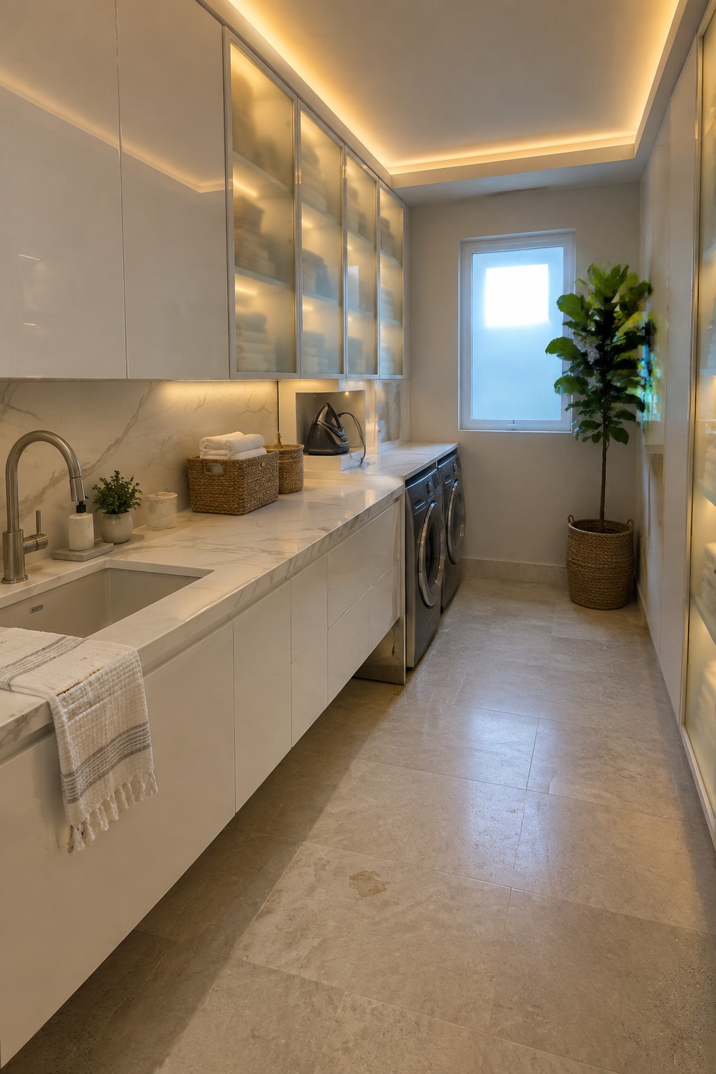 A modern laundry room with white cabinets, marble countertops, a sink, two front-loading washers, and layered lighting from under-cabinet strips and illuminated glass shelves.
