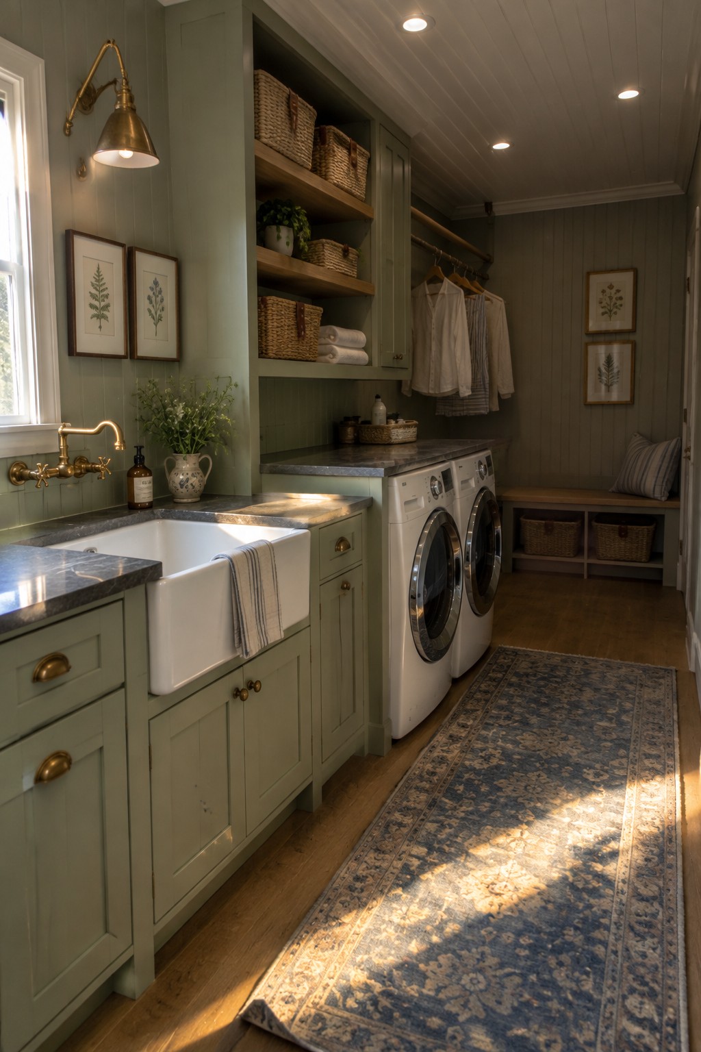 A laundry room featuring sage green cabinetry, a white farmhouse sink with brass faucet, two front-loading washing machines, open wooden shelves with baskets, a wall sconce, and a blue patterned runner rug on hardwood flooring.