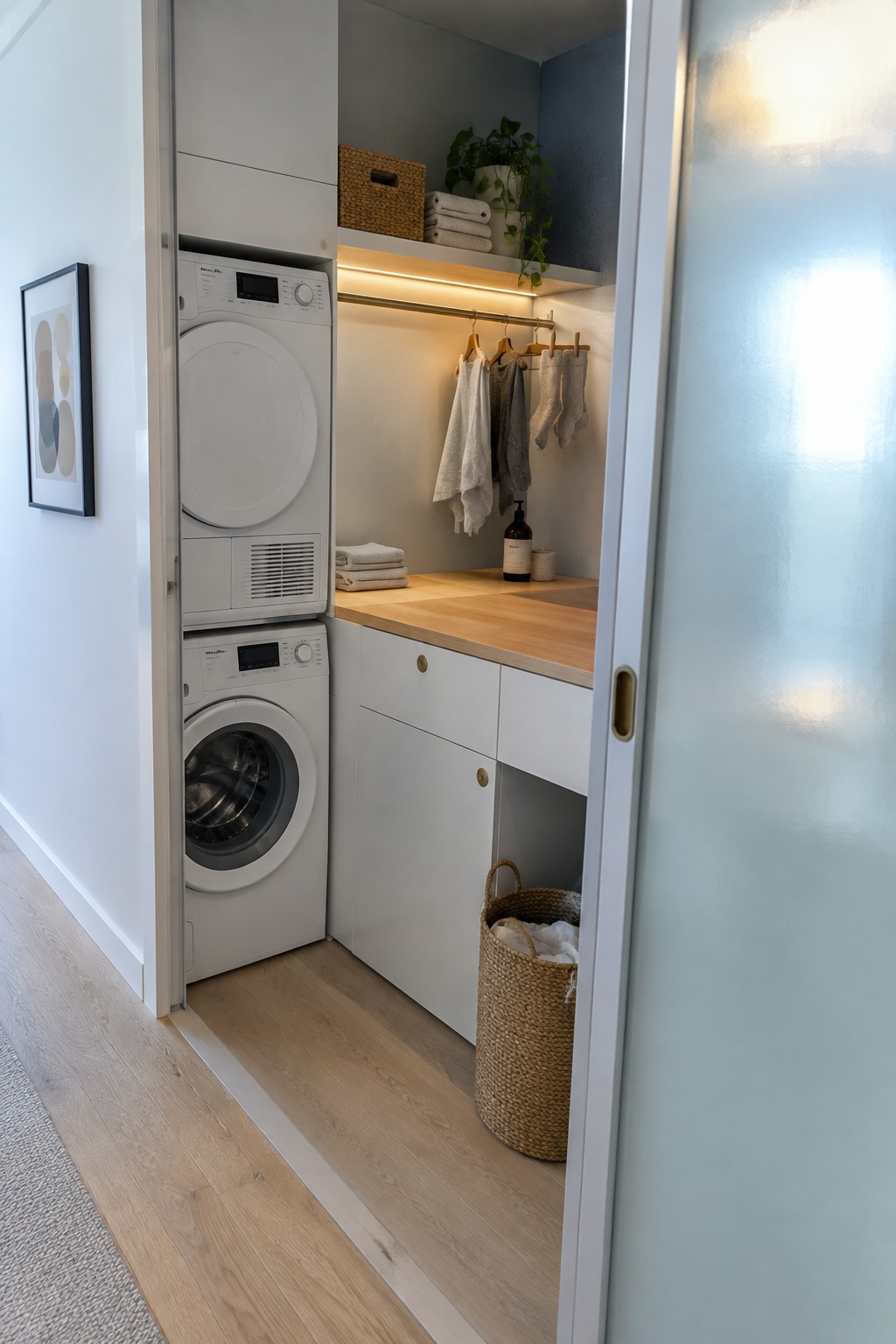 A laundry room with stacked white washer and dryer on the left, white cabinets, a light wood countertop, and warm under-shelf lighting over a hanging rod with clothes and a woven basket on the floor.