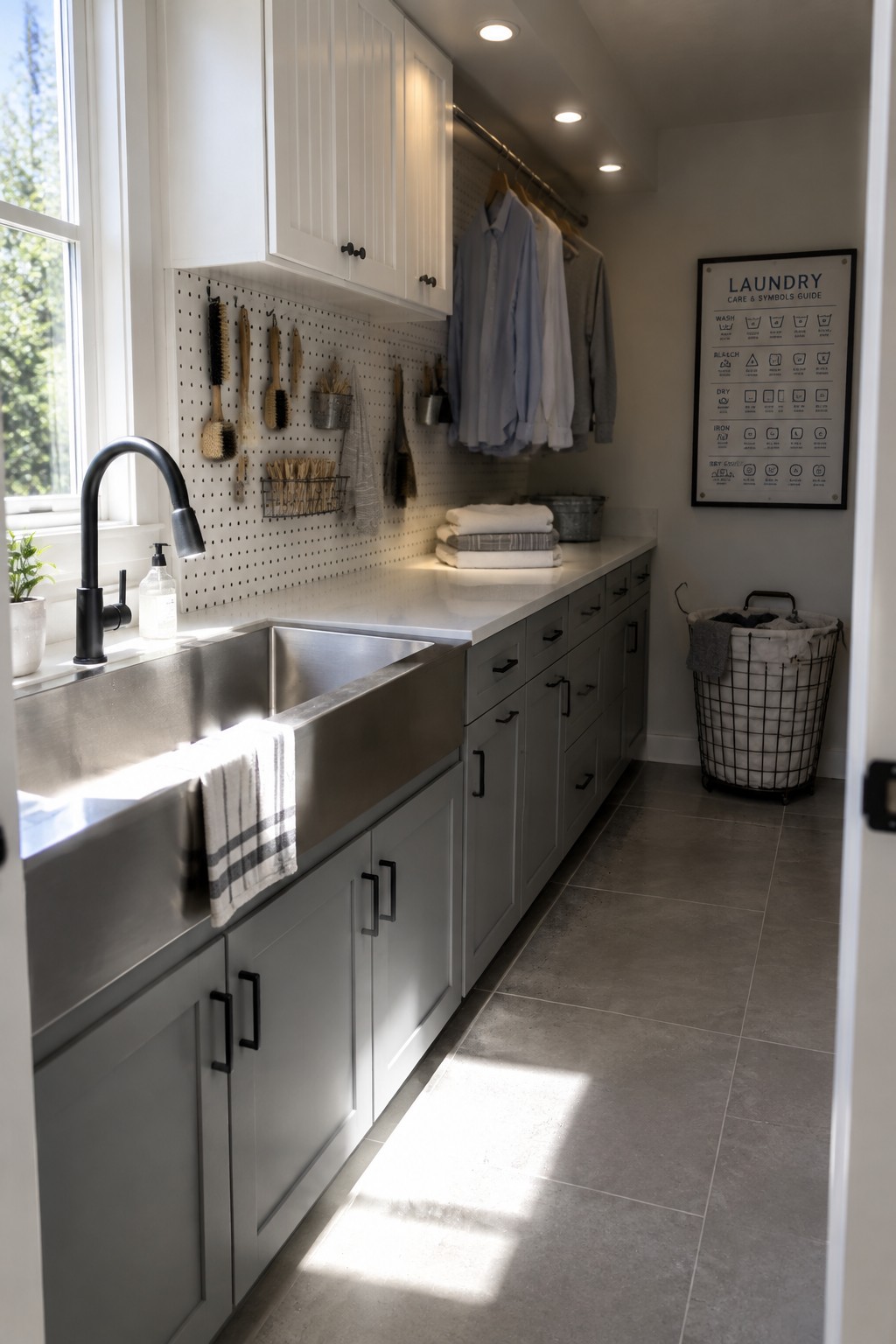 Narrow laundry room with stainless sink, gray cabinets, pegboard tools, hanging shirts, and basket.