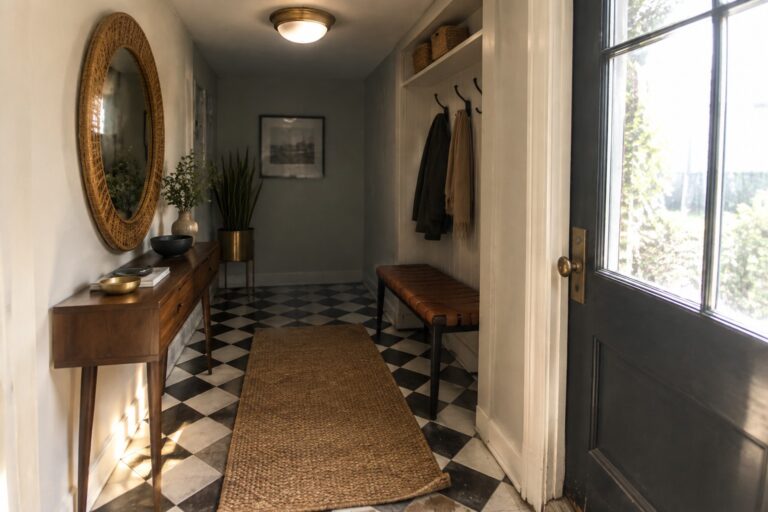 Narrow interior hallway with black and white checkered tile floor, a round flush mount ceiling light with brass trim, wooden console table on the right, and a long woven runner rug.