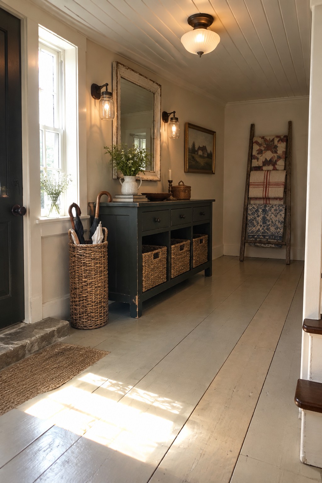 A narrow interior foyer with white wood floors, a dark console table, a large distressed mirror, wall sconces, and a flush mount ceiling light.