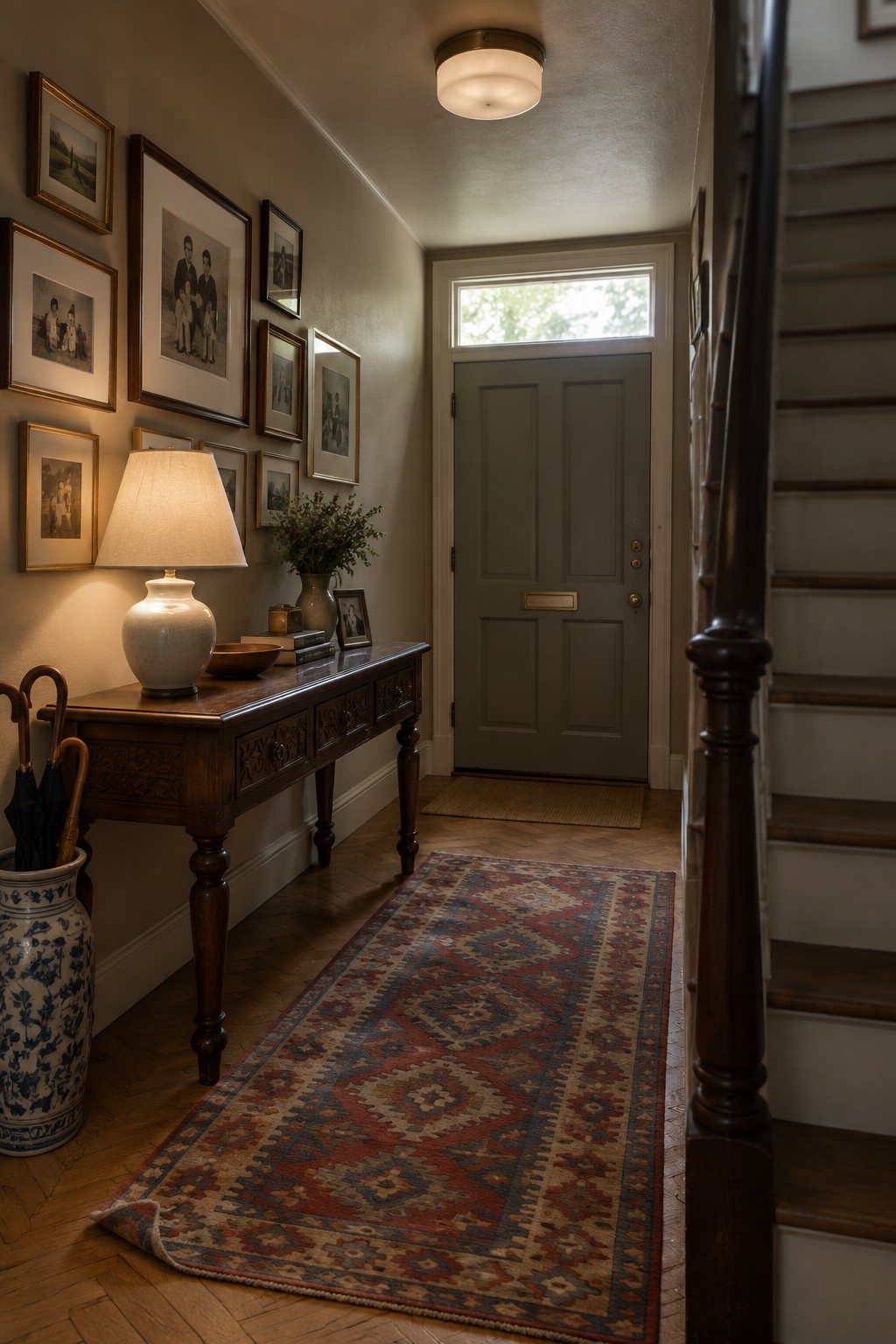 A narrow interior foyer with a flush mount ceiling light, wooden console table, patterned runner rug, and staircase beside a green door.