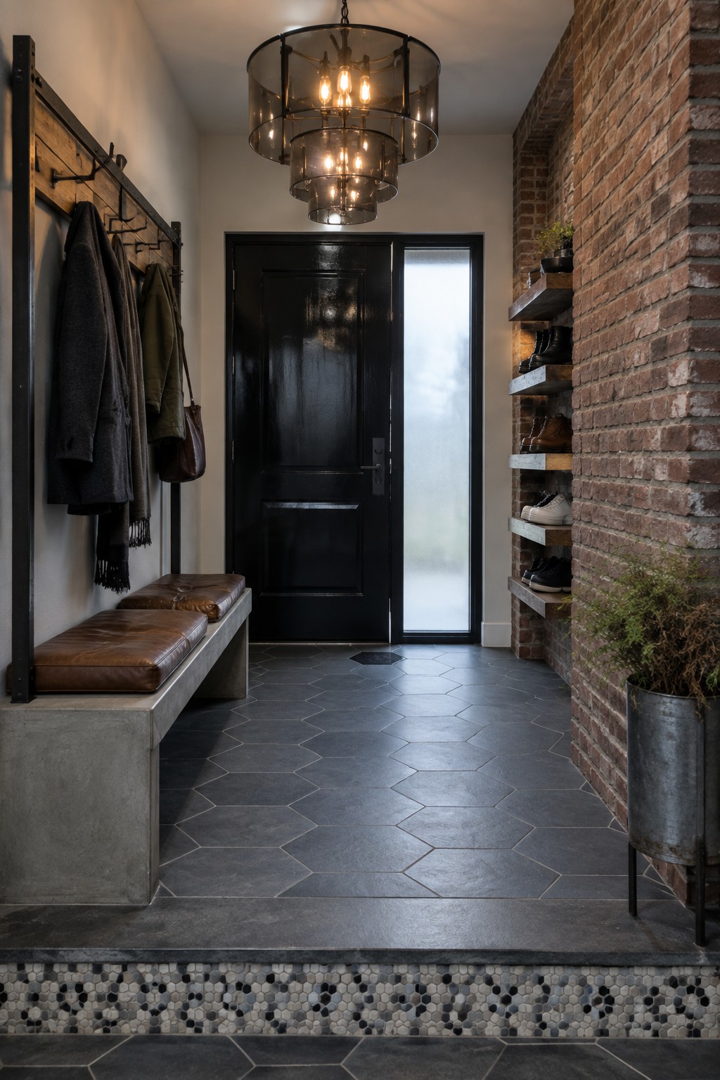 An interior foyer view showing a multi-tiered glass and metal chandelier hanging above a black front door, with a concrete bench on the left and a brick wall with wooden shelves on the right.