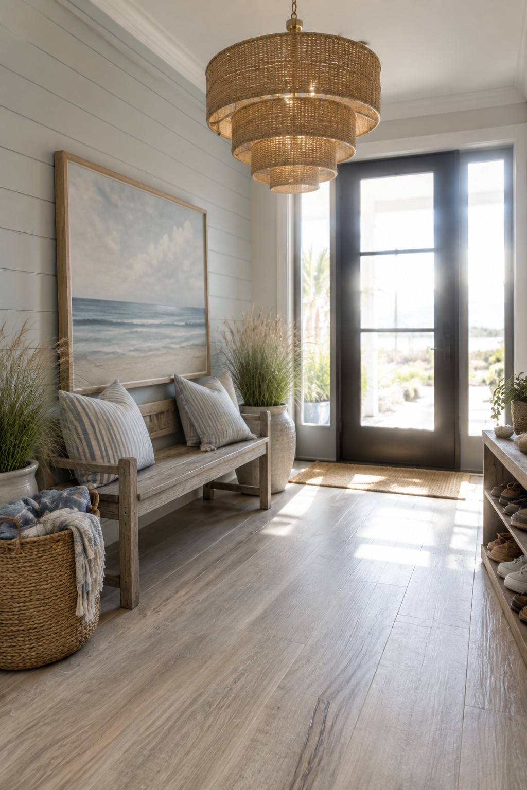 A bright foyer interior featuring a large multi-tiered woven chandelier, a wooden bench with striped pillows, coastal artwork on a light wall, and double doors with sunlight streaming in.