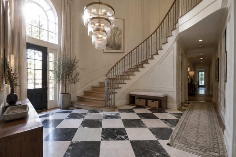 Elegant foyer with grand curved staircase, crystal chandelier, and checkered marble floor.