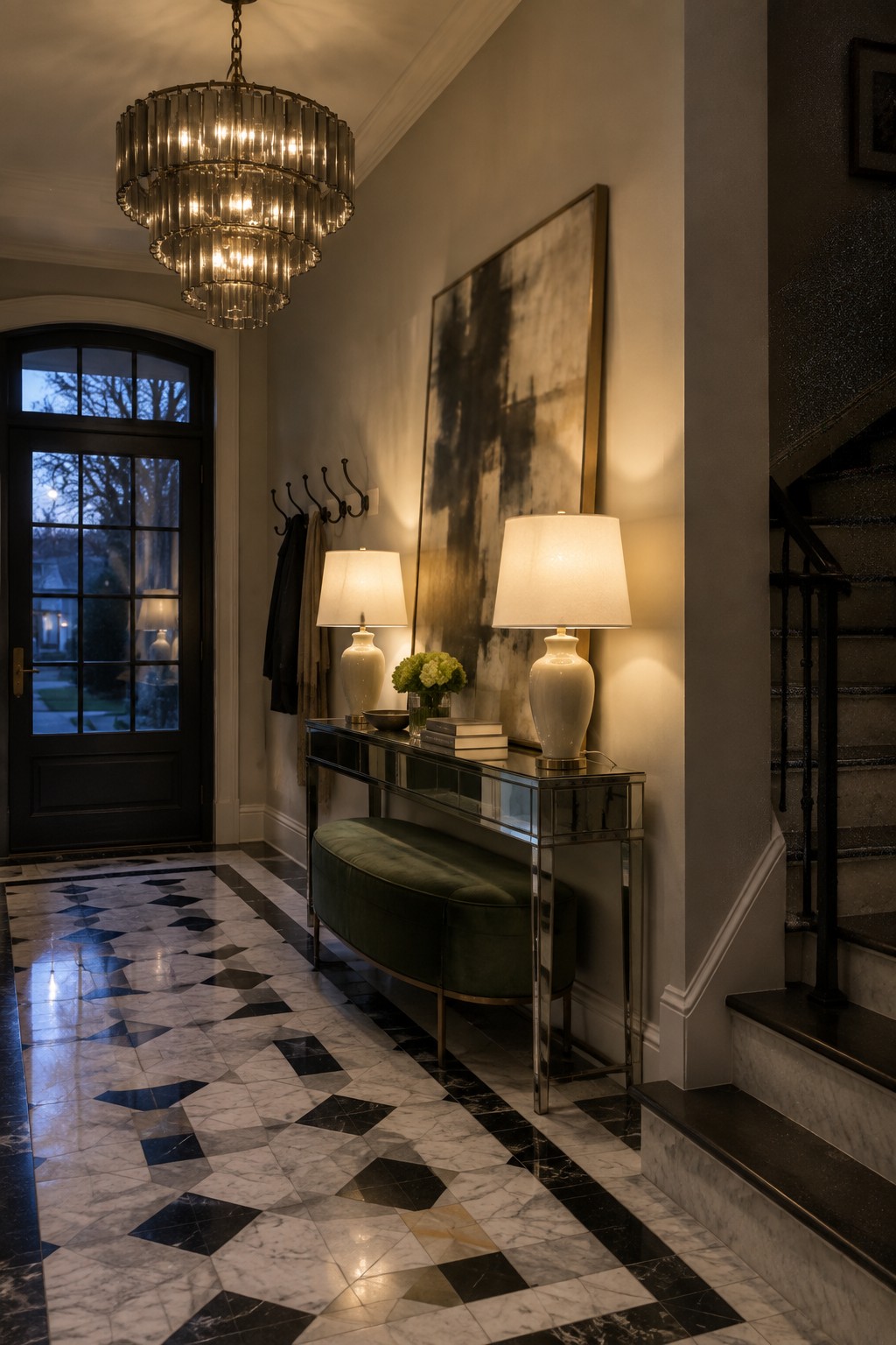 Opulent foyer with geometric marble floor, glowing chandelier, mirrored console, green bench, and stairs.